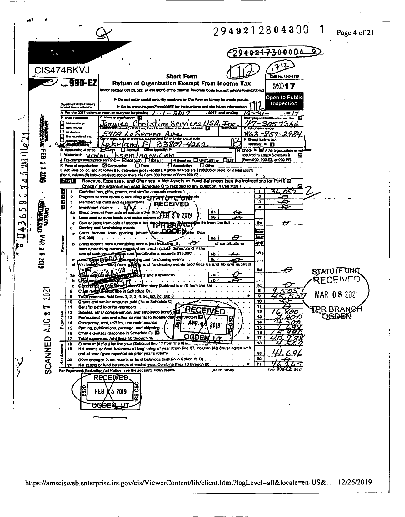 Image of first page of 2017 Form 990EZ for Jamaica Christian Services USA