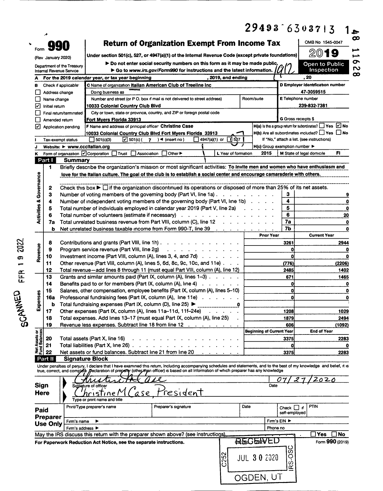 Image of first page of 2019 Form 990O for Italian American Club of Treeline