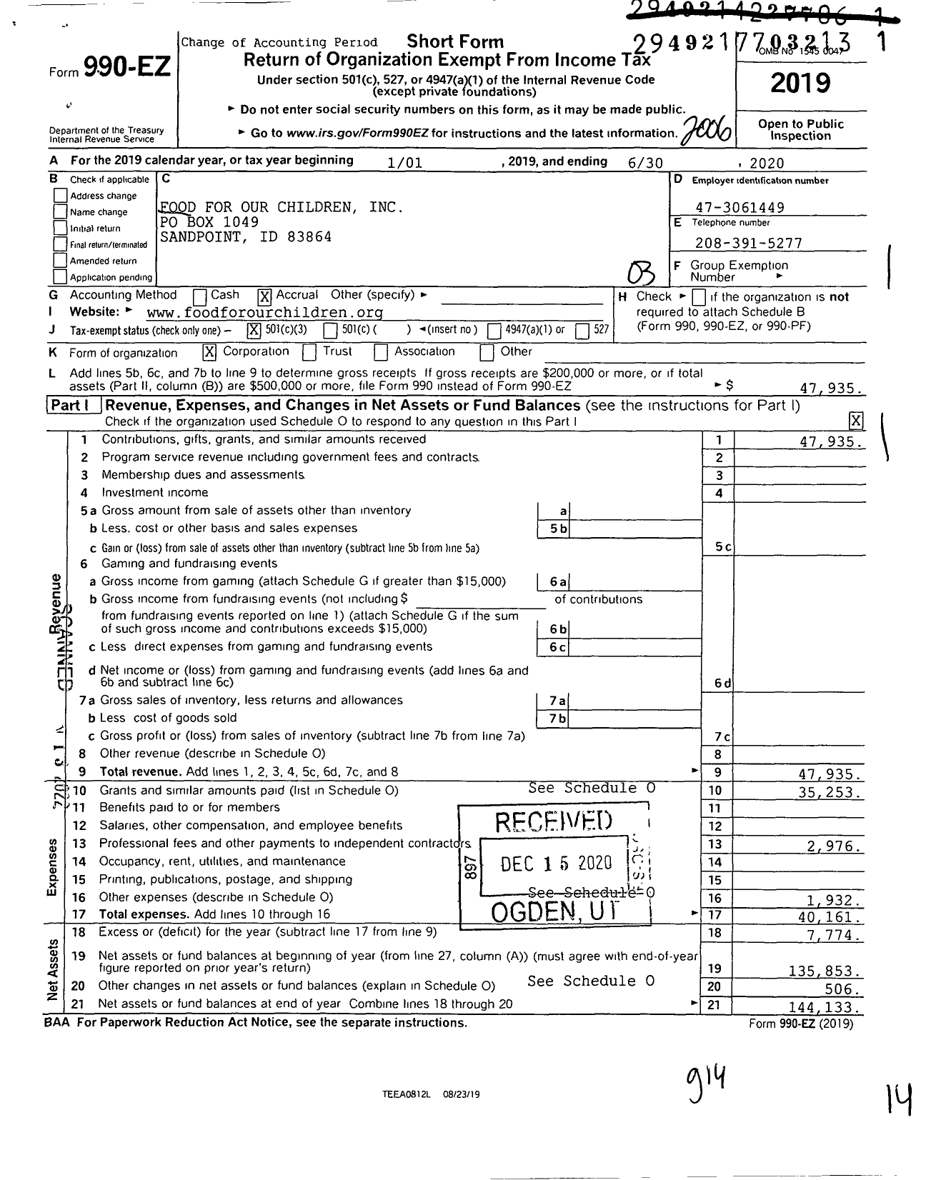 Image of first page of 2019 Form 990EZ for Food for Our Children