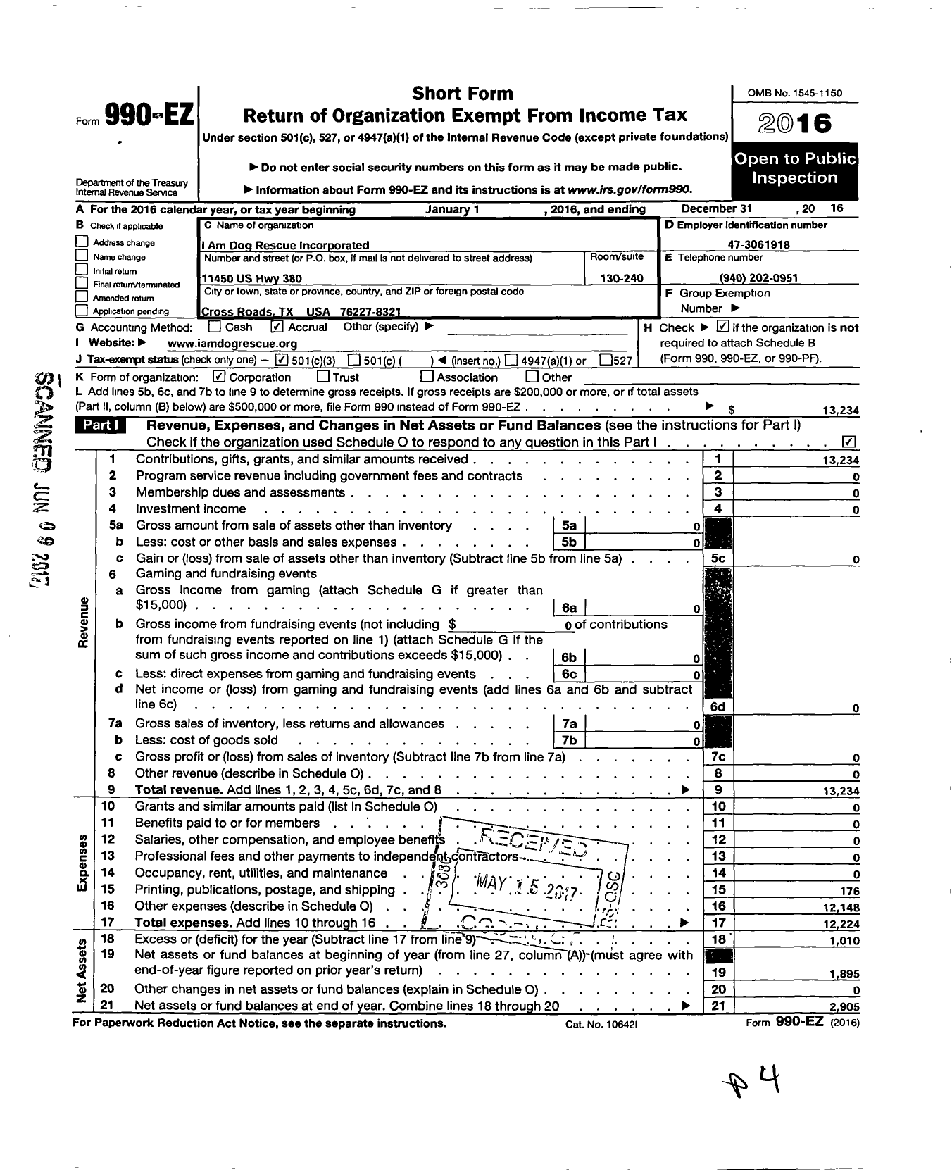 Image of first page of 2016 Form 990EZ for I Am Dog Rescue