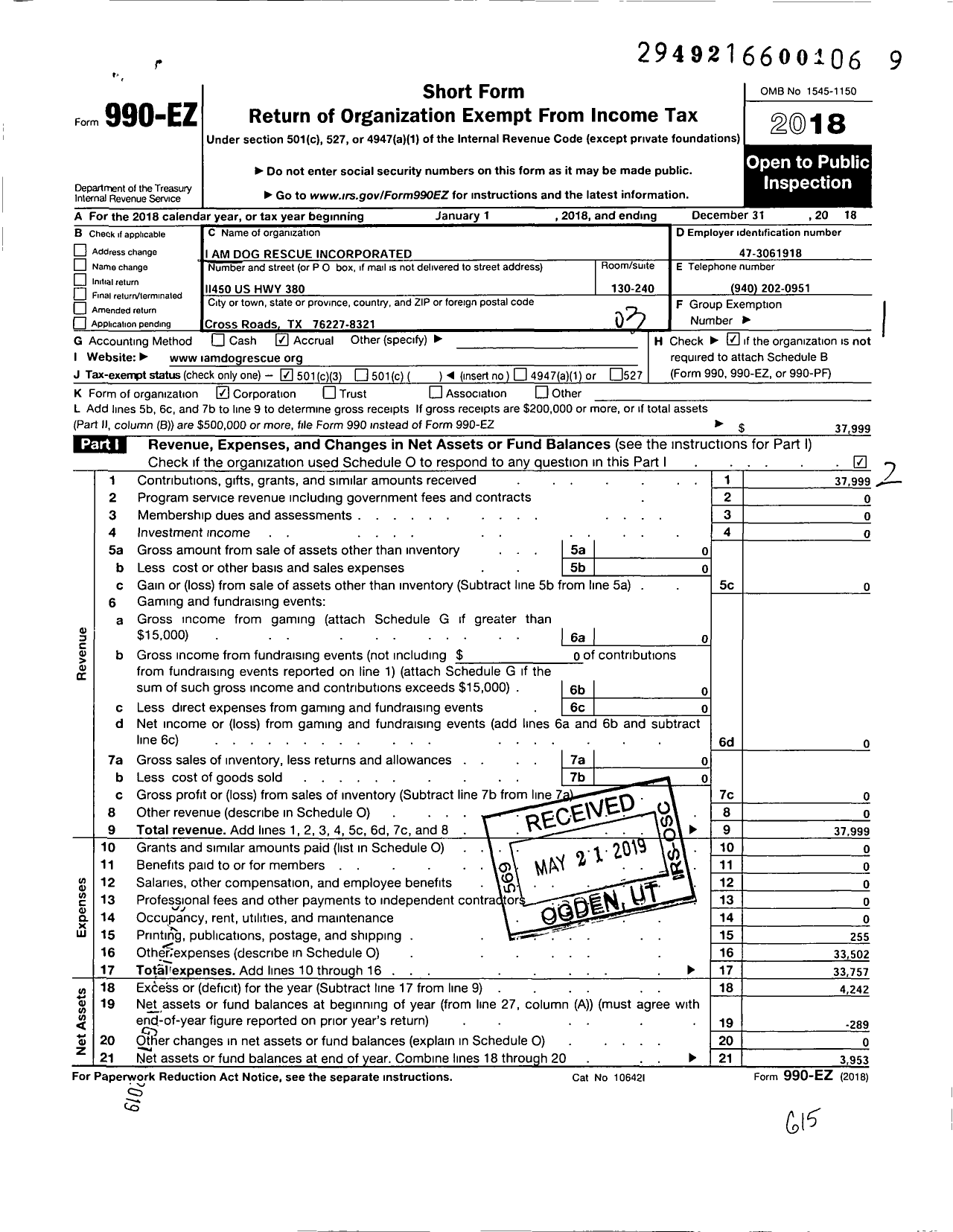 Image of first page of 2018 Form 990EZ for I Am Dog Rescue