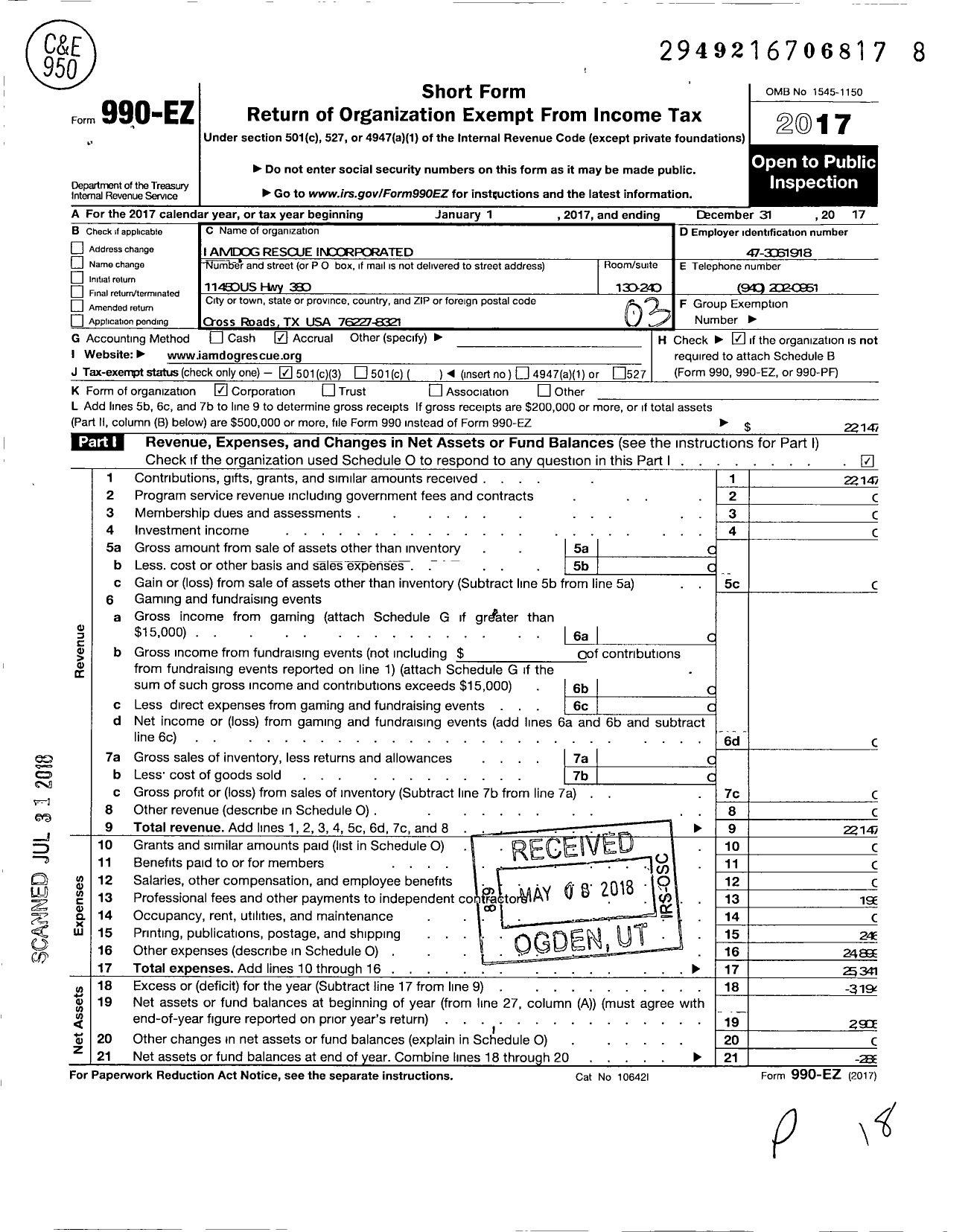 Image of first page of 2017 Form 990EZ for I Am Dog Rescue