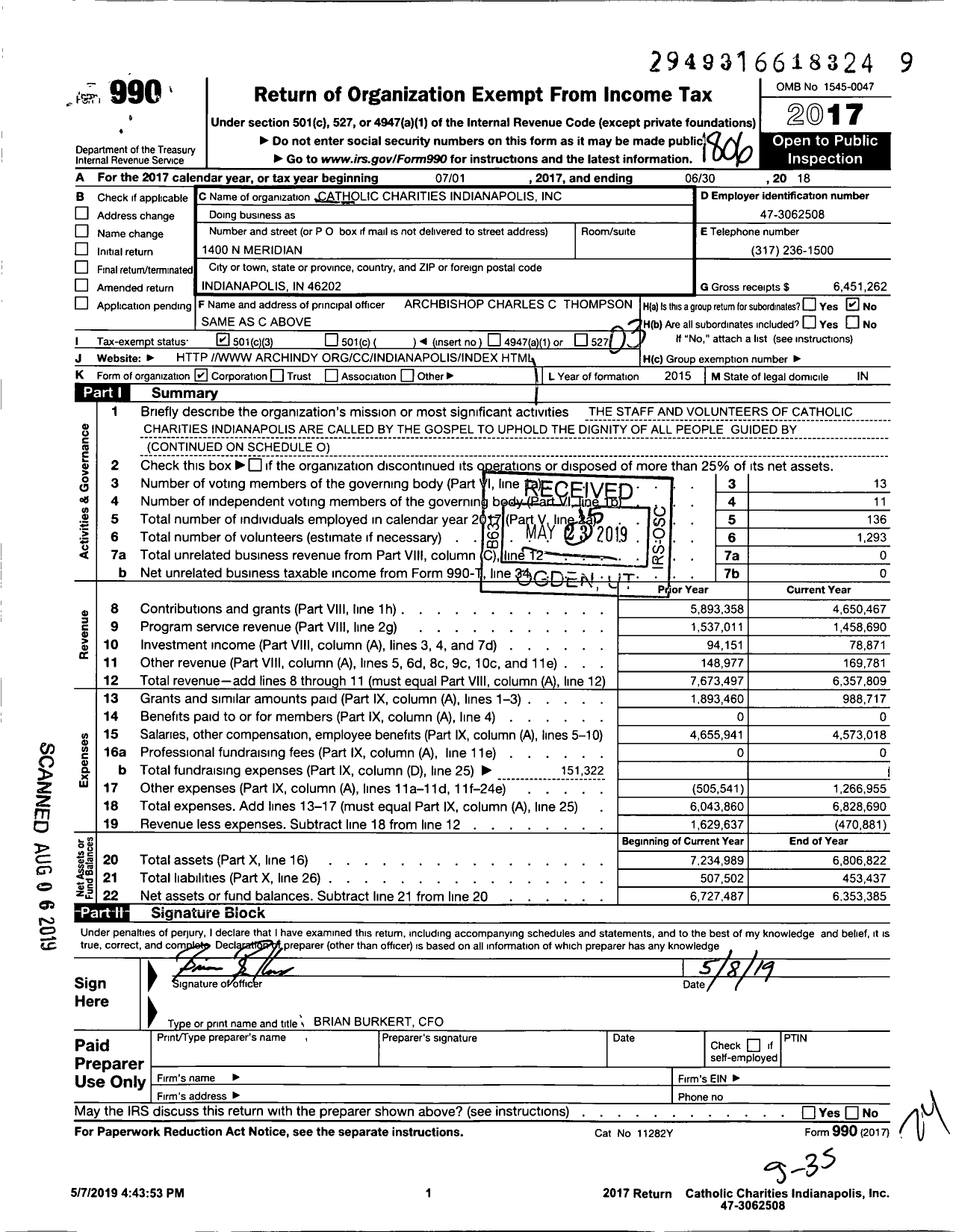 Image of first page of 2017 Form 990 for Catholic Charities Indianapolis