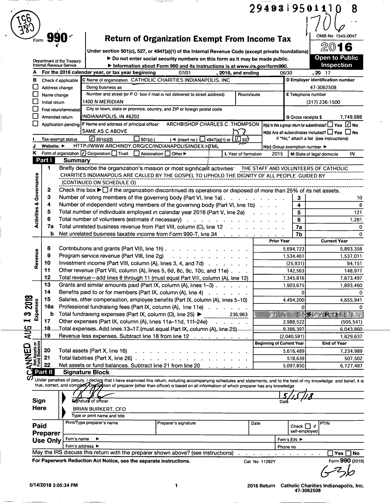 Image of first page of 2016 Form 990 for Catholic Charities Indianapolis
