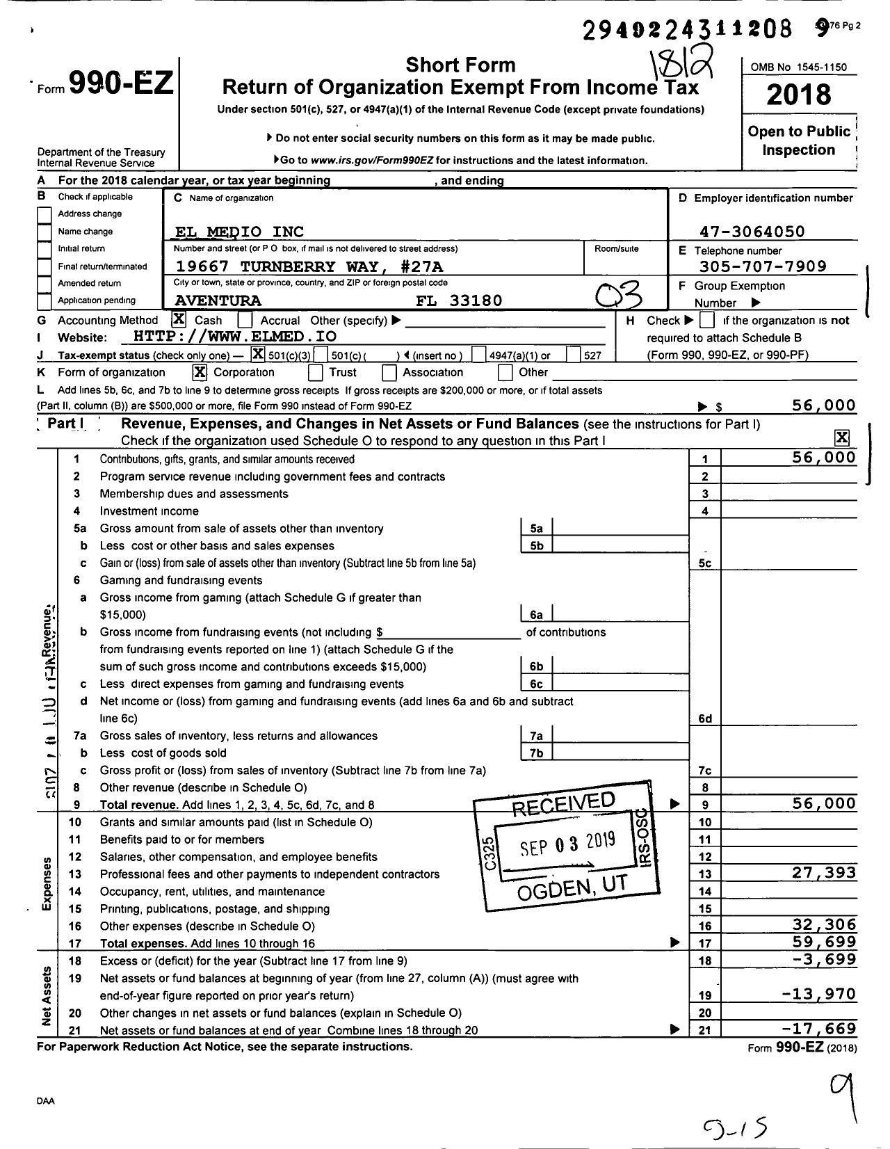 Image of first page of 2018 Form 990EZ for El Medio