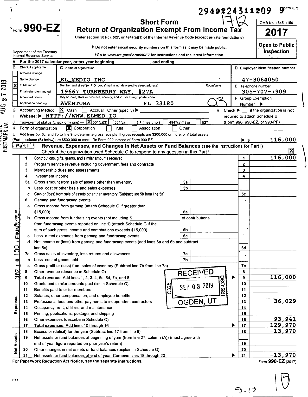 Image of first page of 2017 Form 990EZ for El Medio