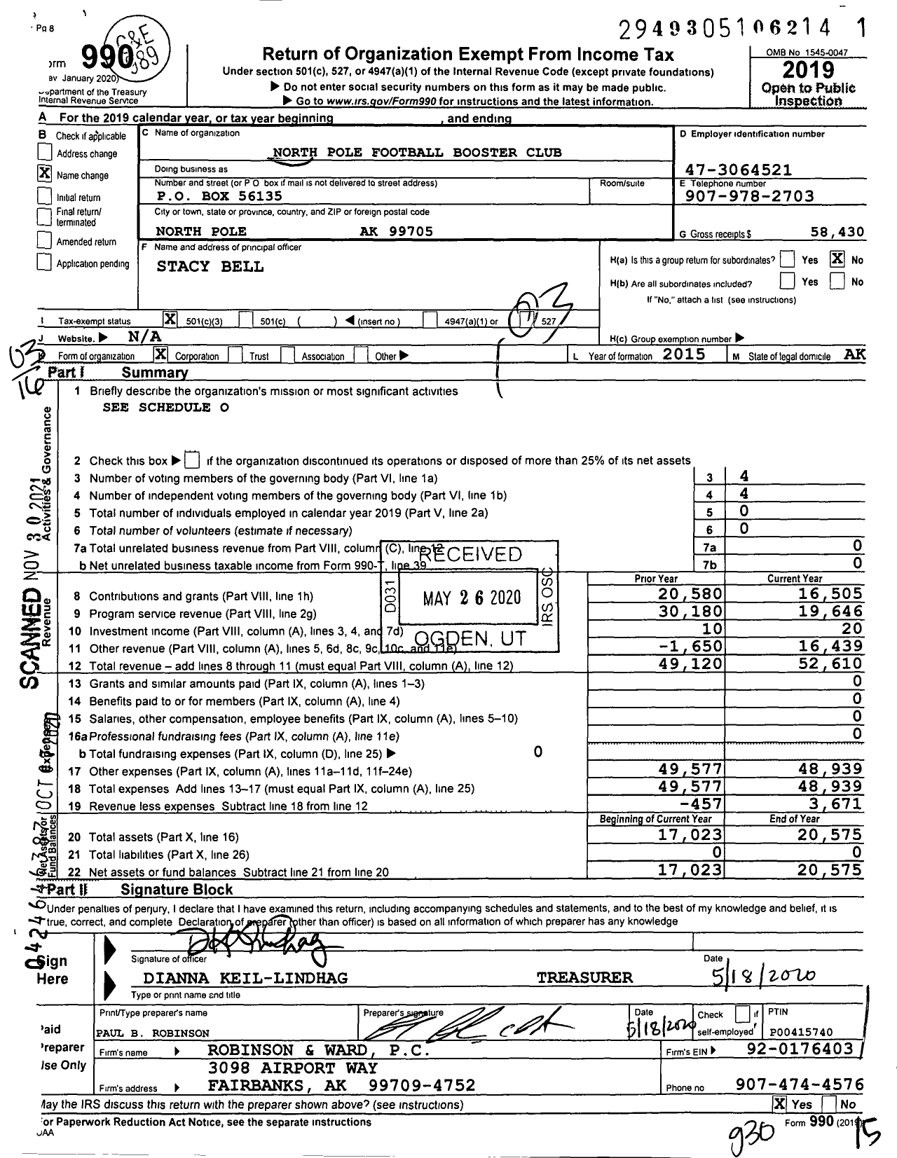 Image of first page of 2019 Form 990 for North Pole Football Booster Club