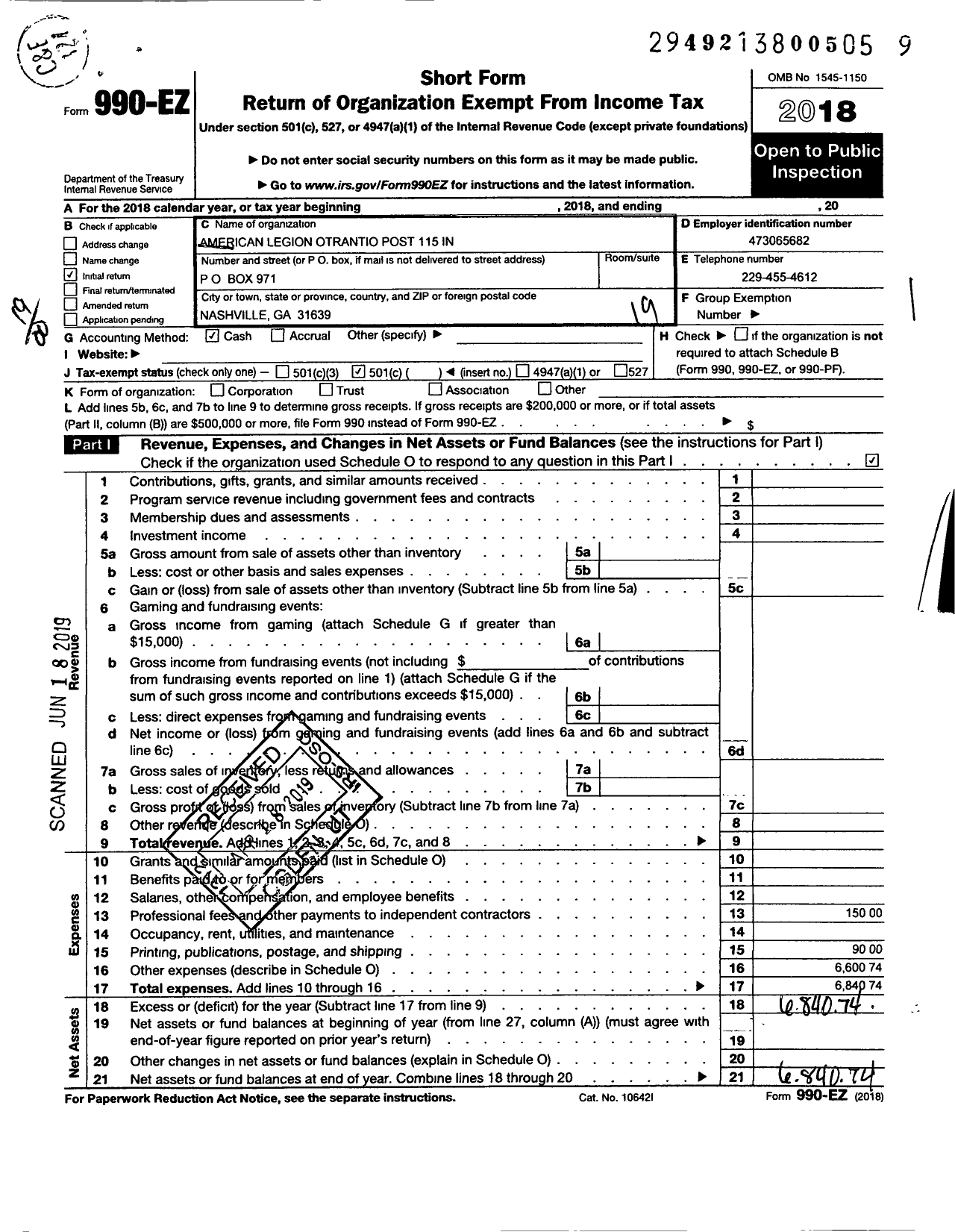 Image of first page of 2018 Form 990EO for American Legion - 0115 Otranto