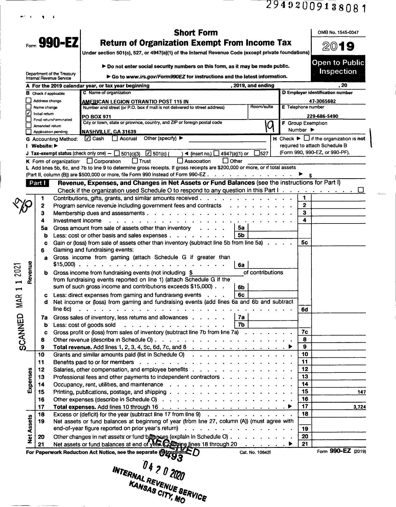 Image of first page of 2019 Form 990EO for American Legion - 0115 Otranto