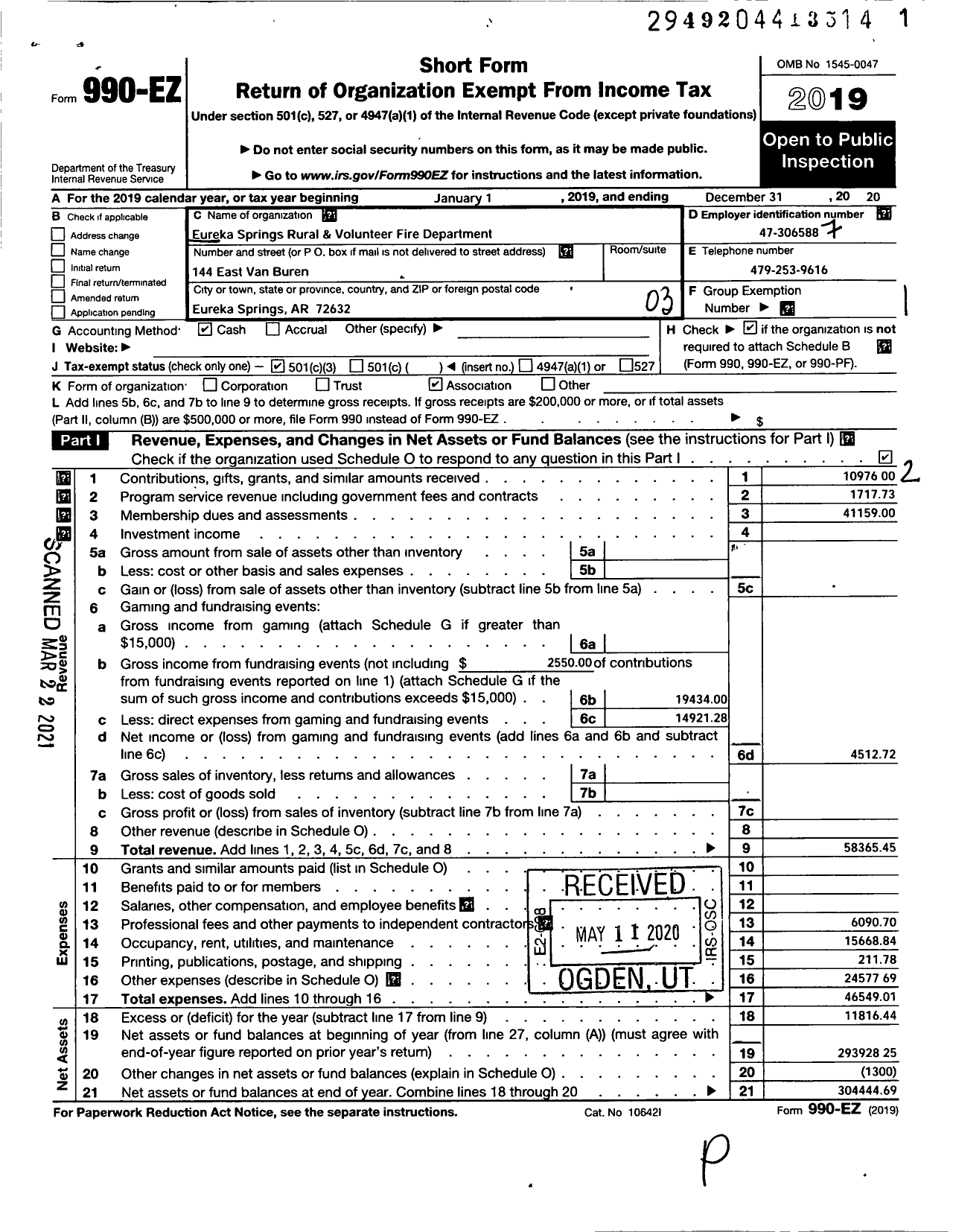 Image of first page of 2020 Form 990EZ for Eureka Springs Rural and Volunteer Fire Department