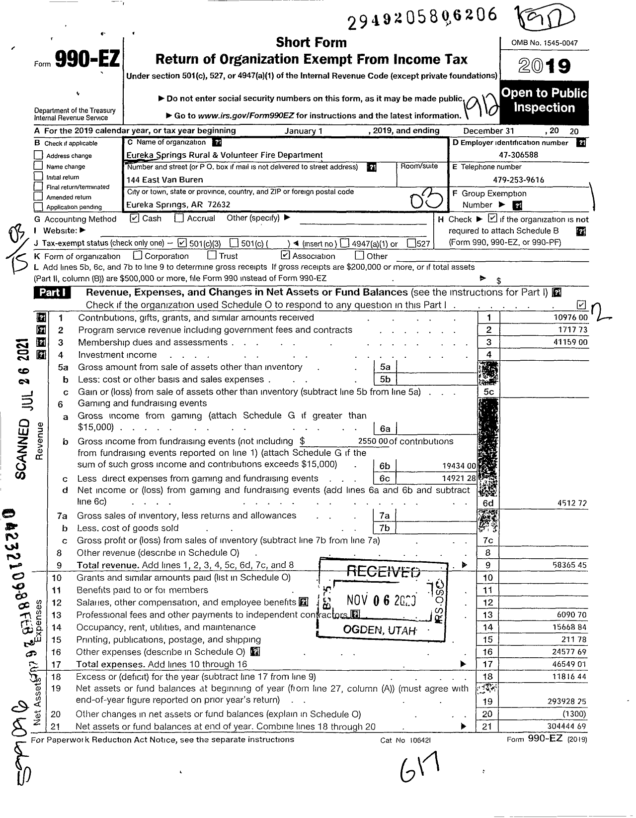 Image of first page of 2019 Form 990EZ for Eureka Springs Rural and Volunteer Fire Department