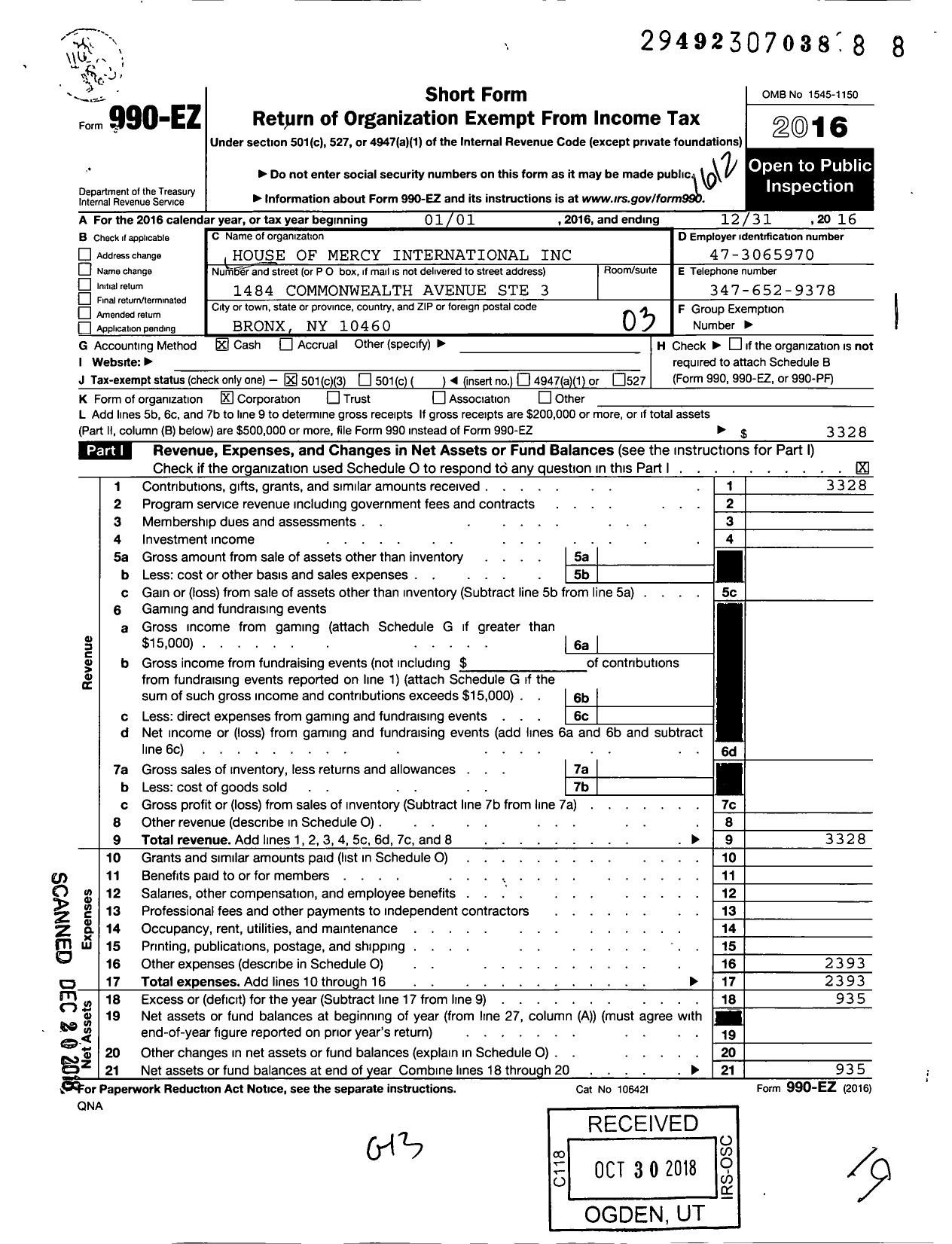Image of first page of 2016 Form 990EZ for House of Mercy International