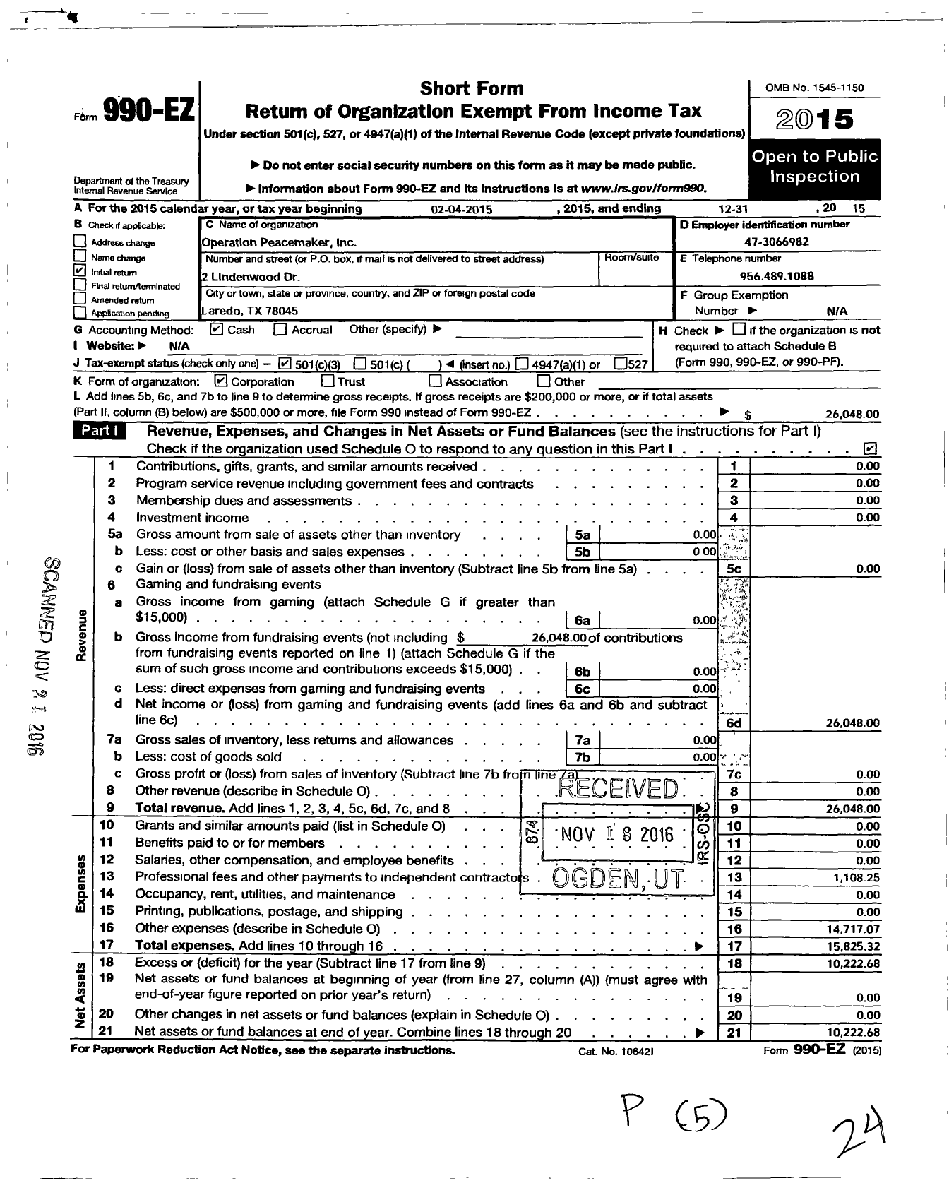 Image of first page of 2015 Form 990EZ for Operation Peacemaker