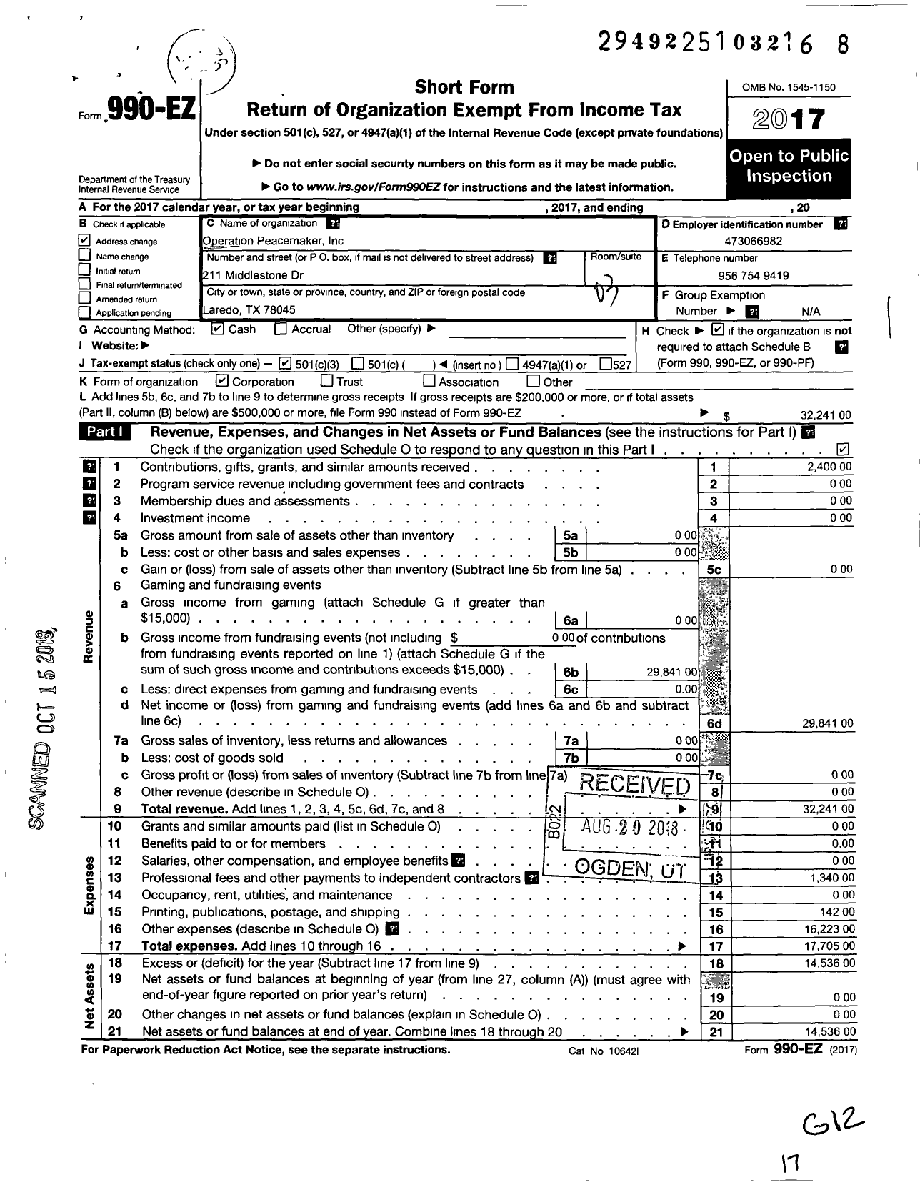 Image of first page of 2017 Form 990EZ for Operation Peacemaker