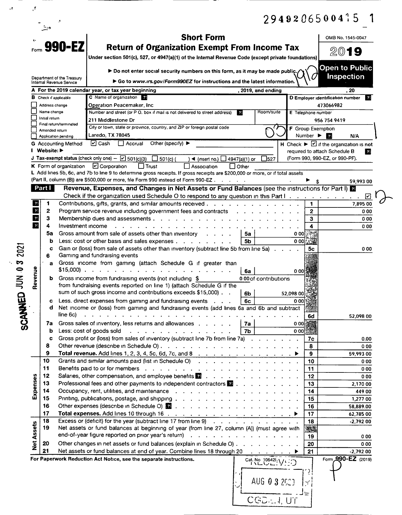 Image of first page of 2019 Form 990EZ for Operation Peacemaker