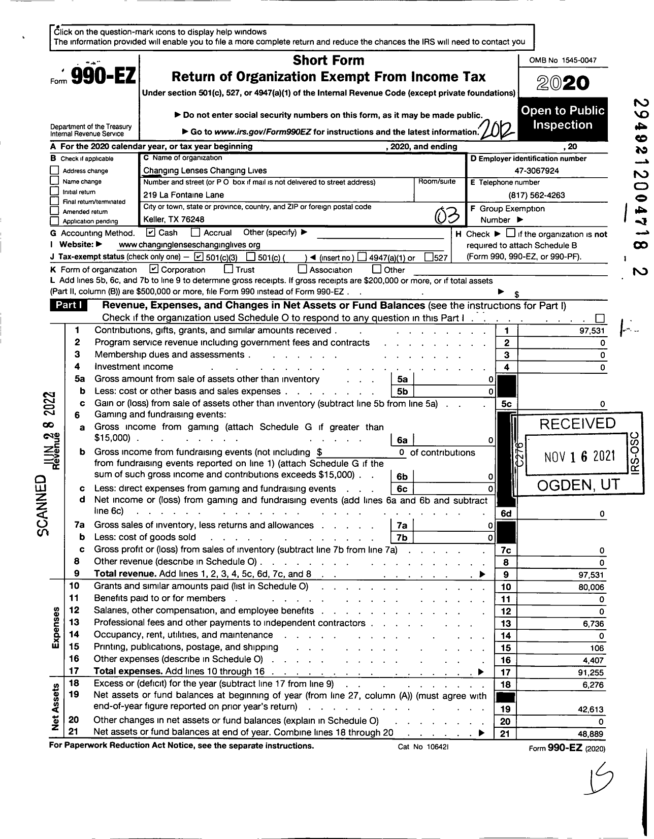 Image of first page of 2020 Form 990EZ for Changing Lenses Changing Lives