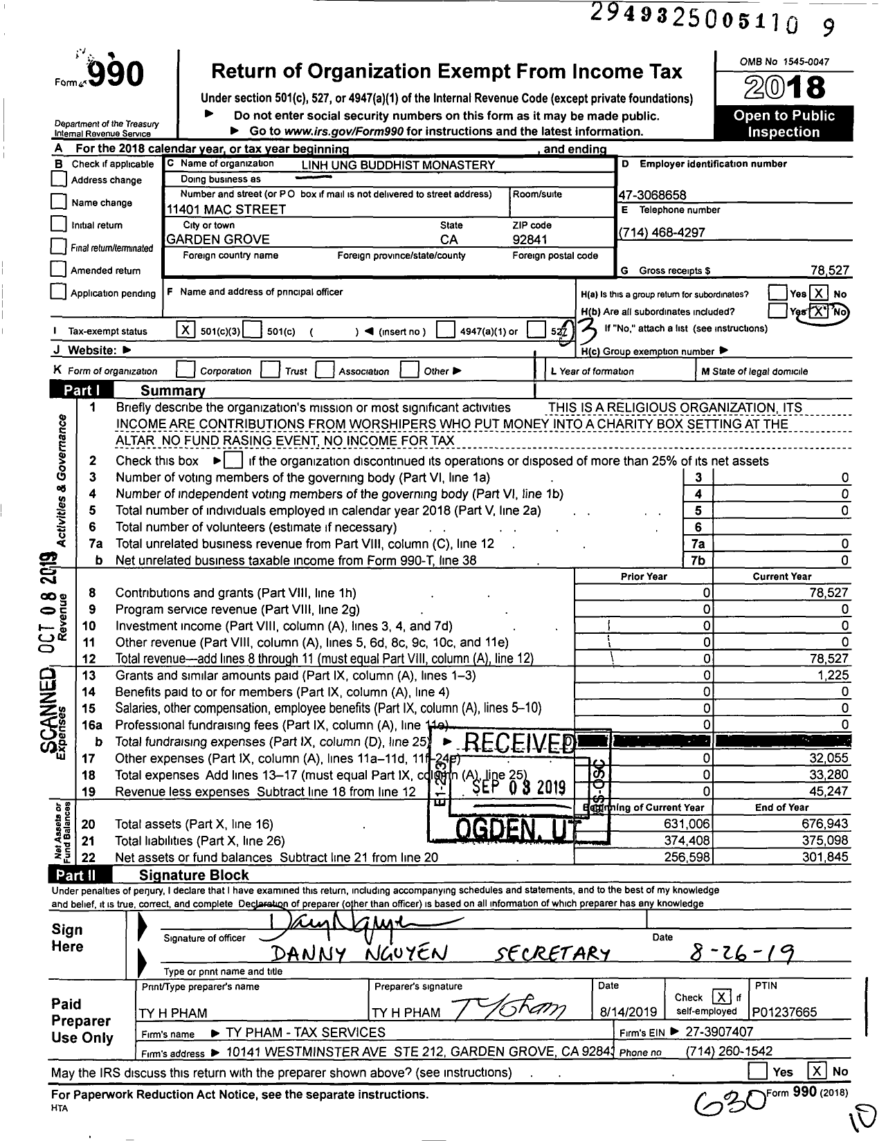 Image of first page of 2018 Form 990 for Linh Ung Buddhist Monastery