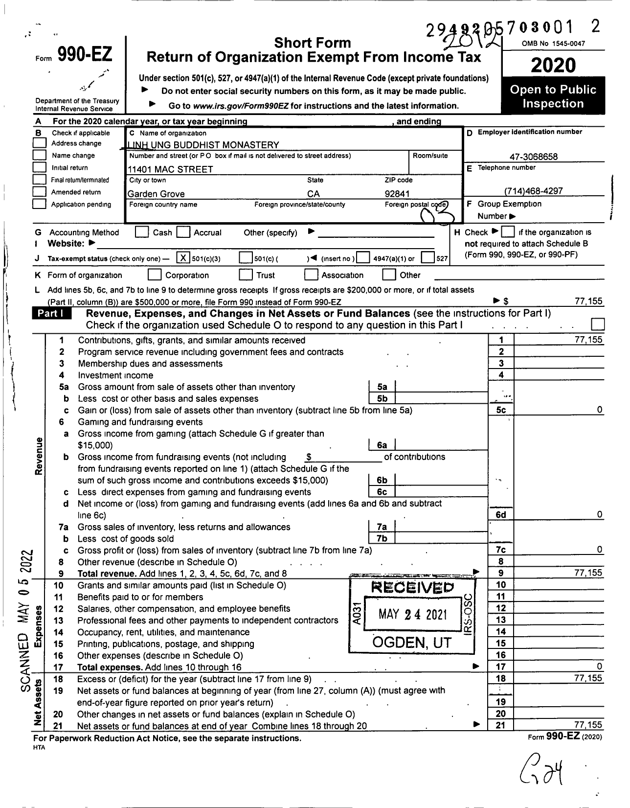 Image of first page of 2020 Form 990EZ for Linh Ung Buddhist Monastery