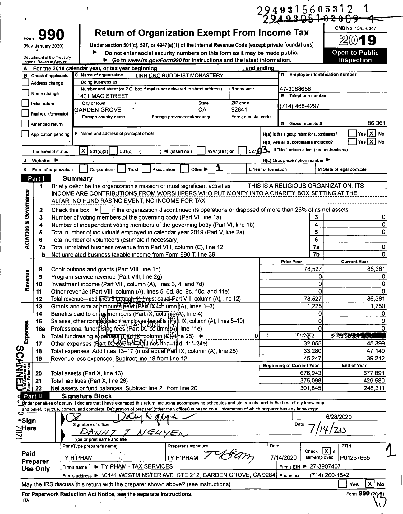 Image of first page of 2019 Form 990 for Linh Ung Buddhist Monastery