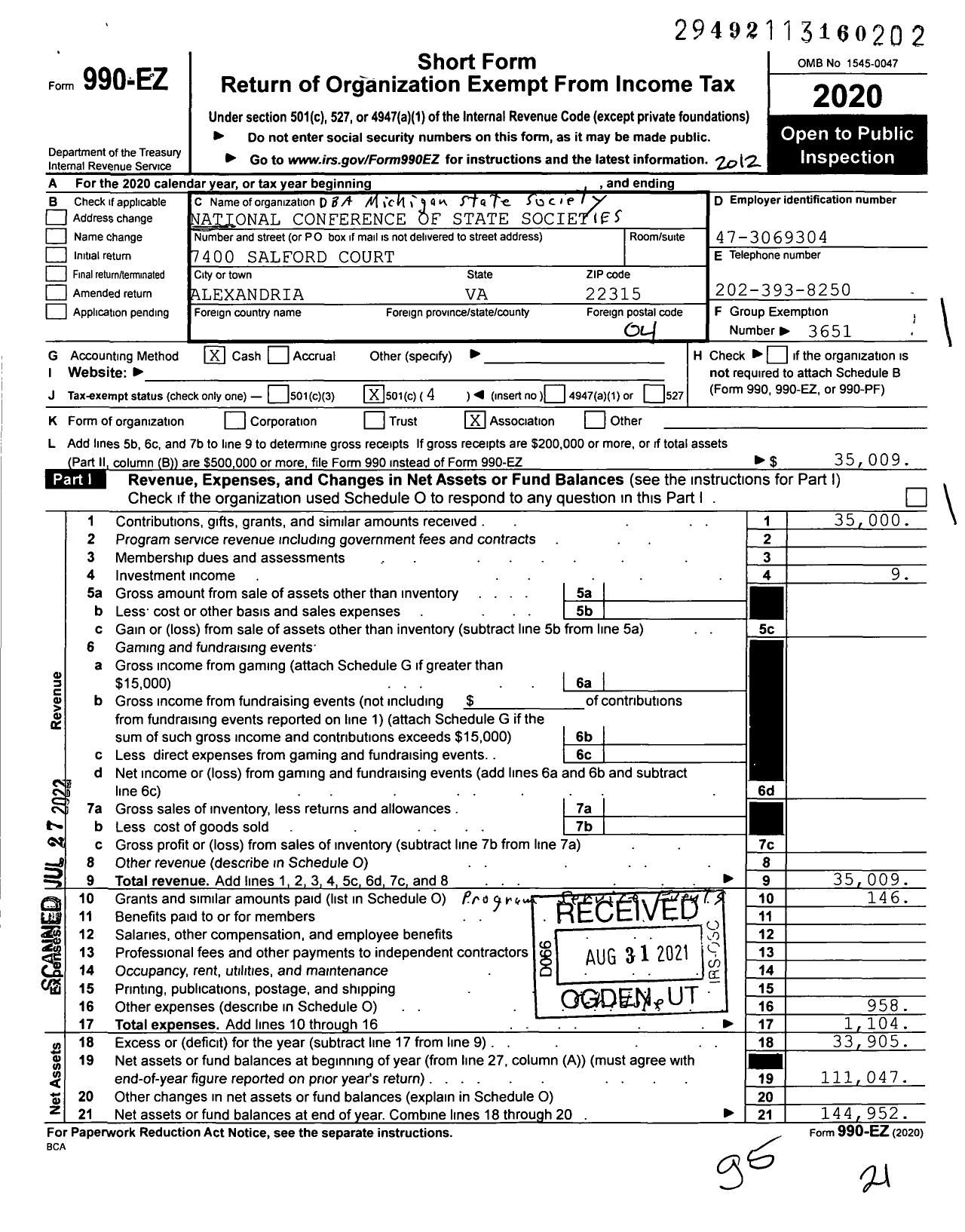 Image of first page of 2020 Form 990EO for Michigan State Society