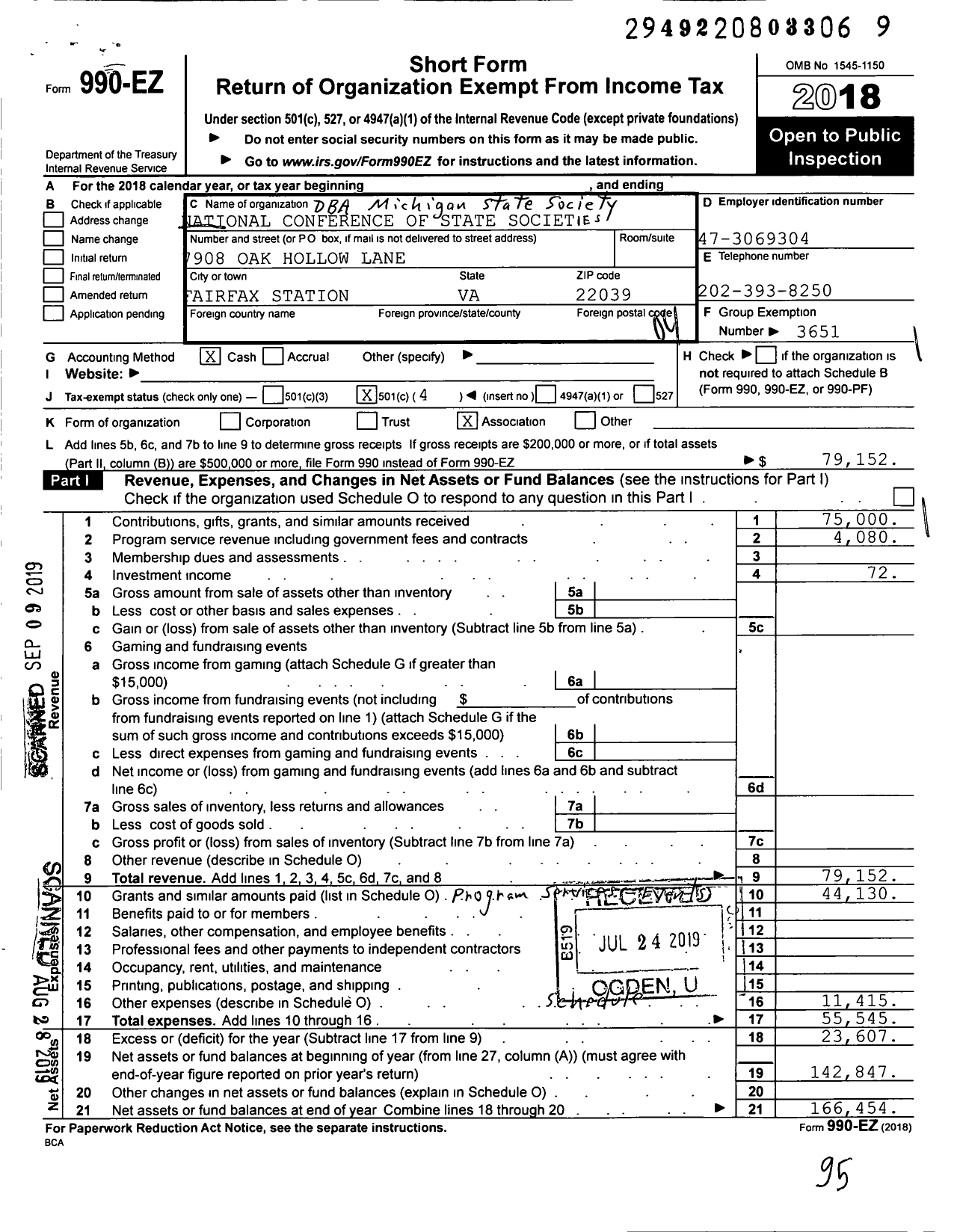 Image of first page of 2018 Form 990EO for Michigan State Society