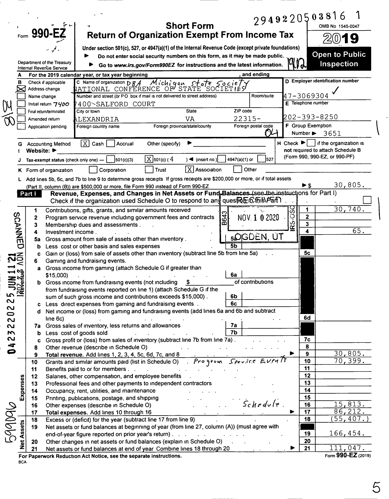 Image of first page of 2019 Form 990EO for Michigan State Society