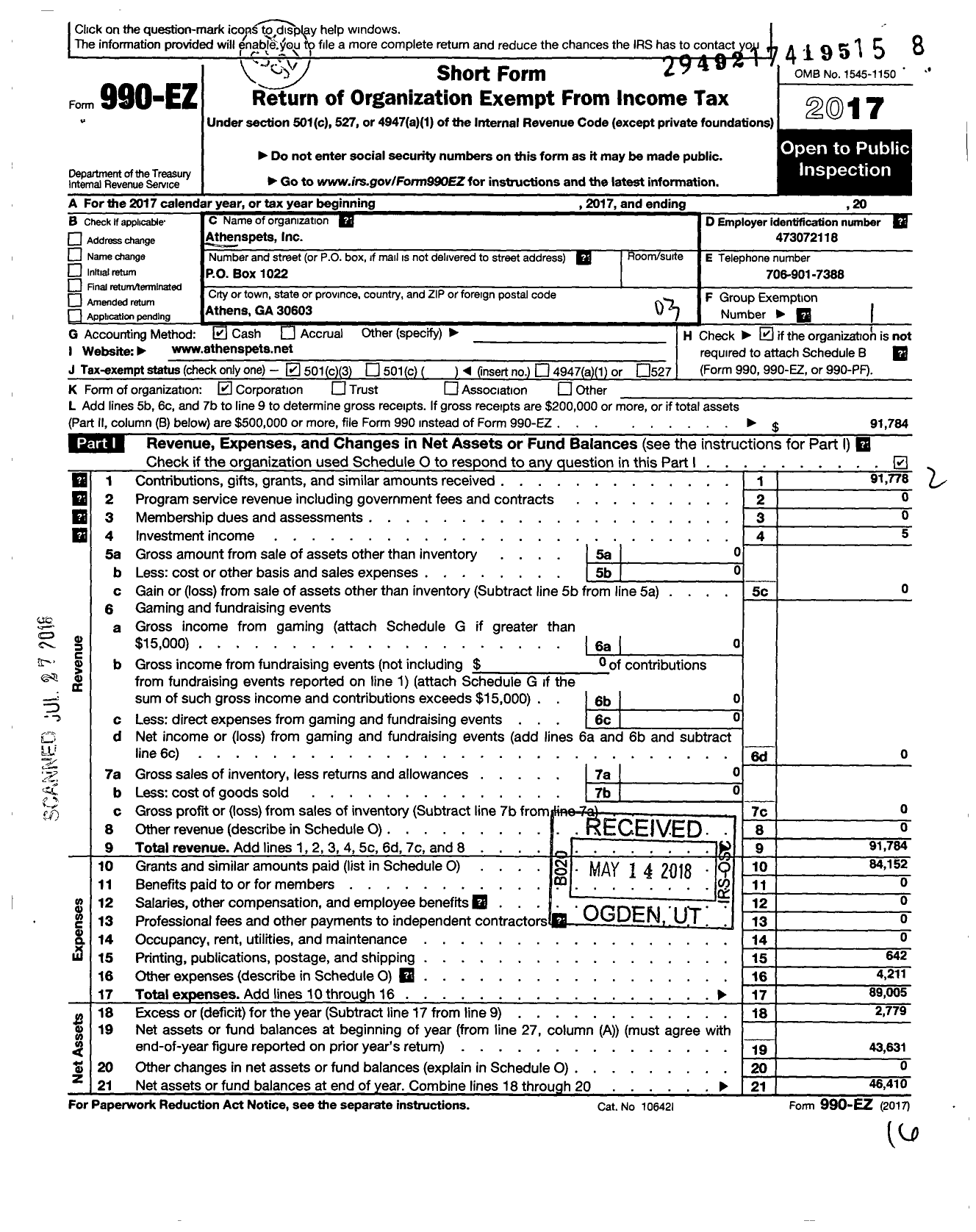 Image of first page of 2017 Form 990EZ for Athenspets