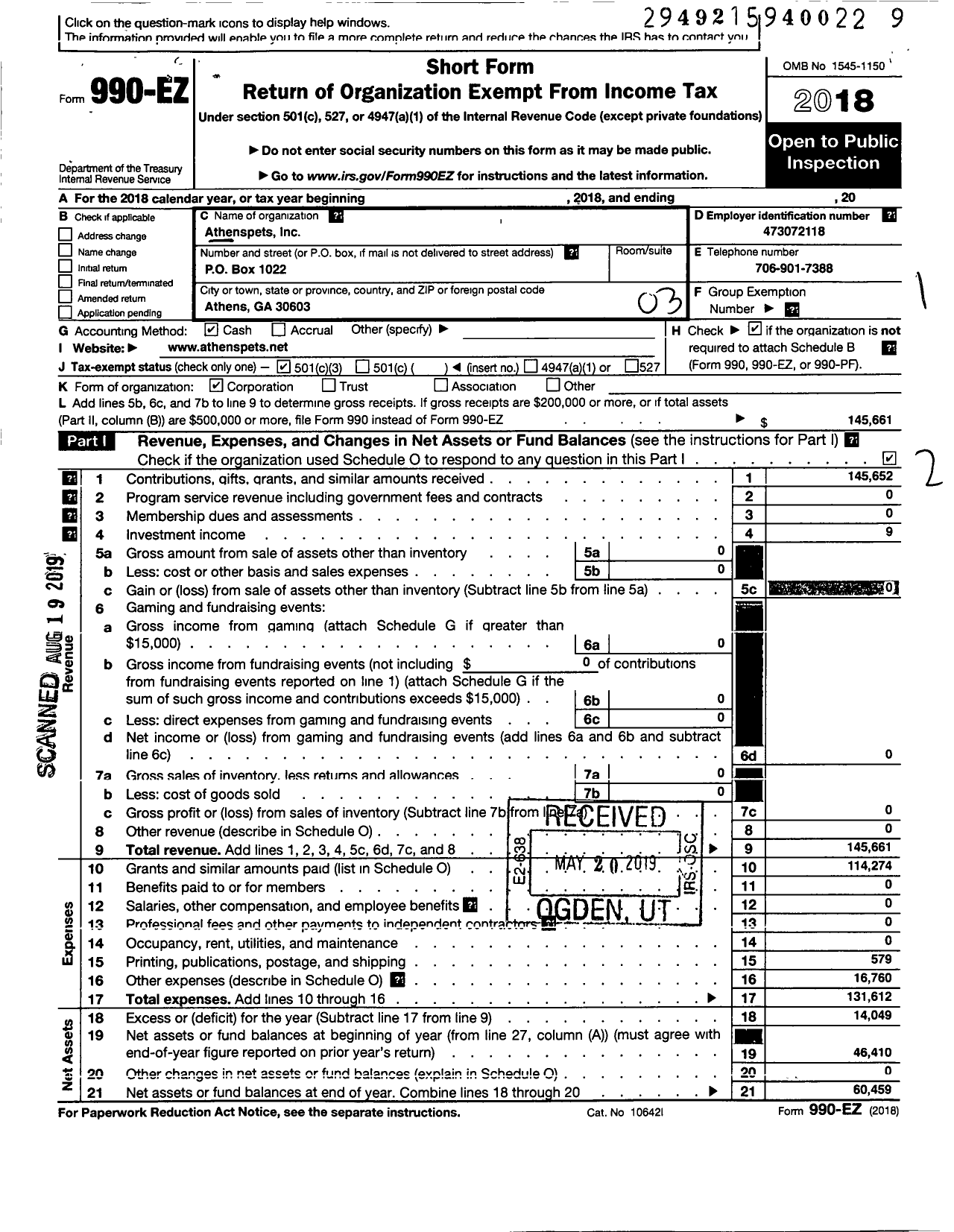 Image of first page of 2018 Form 990EZ for Athenspets