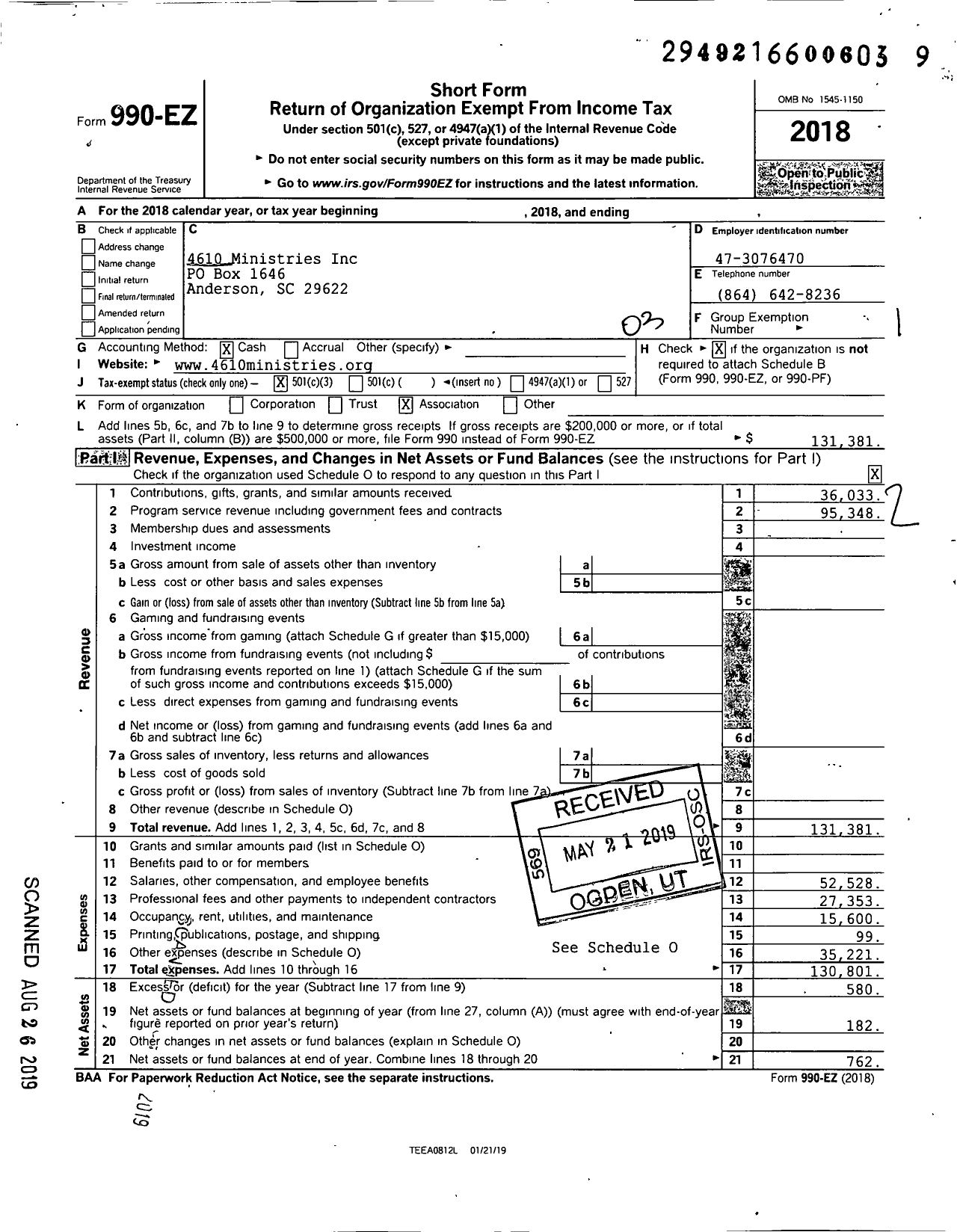 Image of first page of 2018 Form 990EZ for 46 10 Ministries
