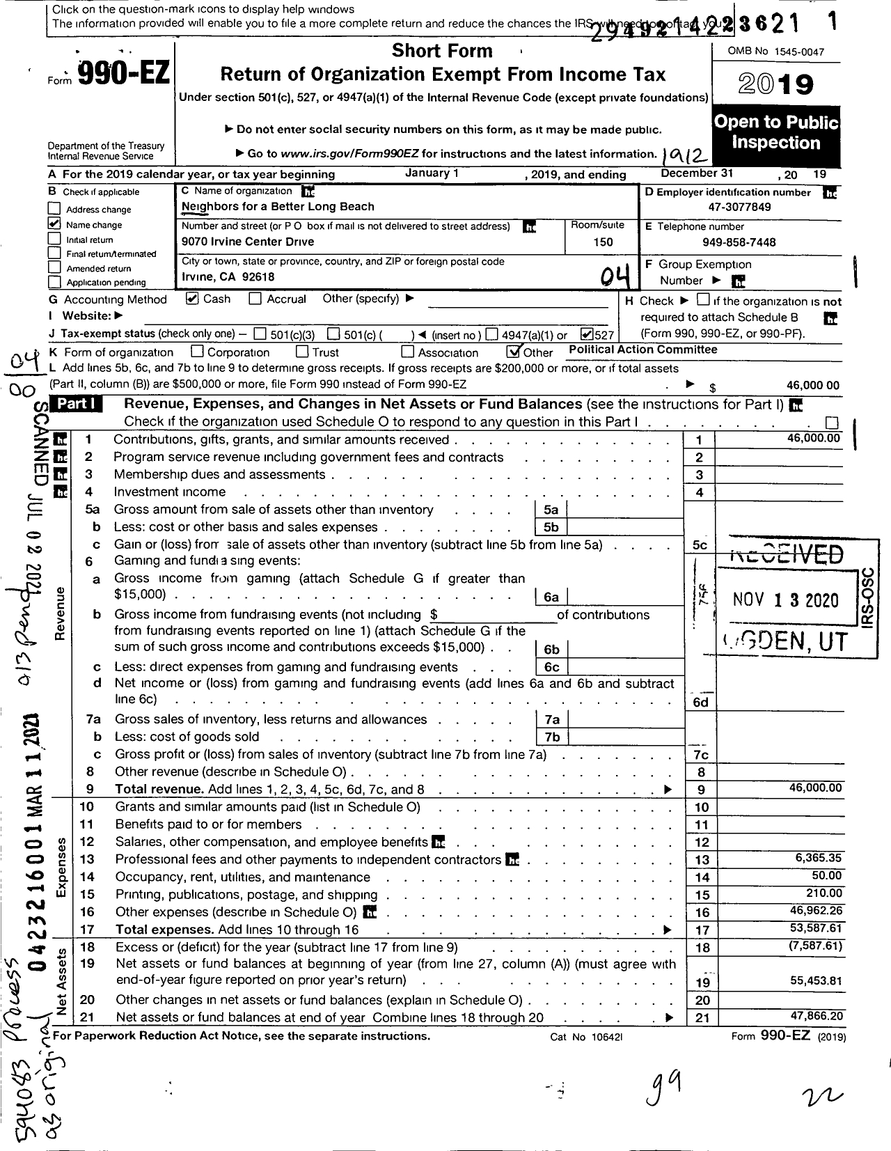 Image of first page of 2019 Form 990EO for Neighbors for a Better Long Beach