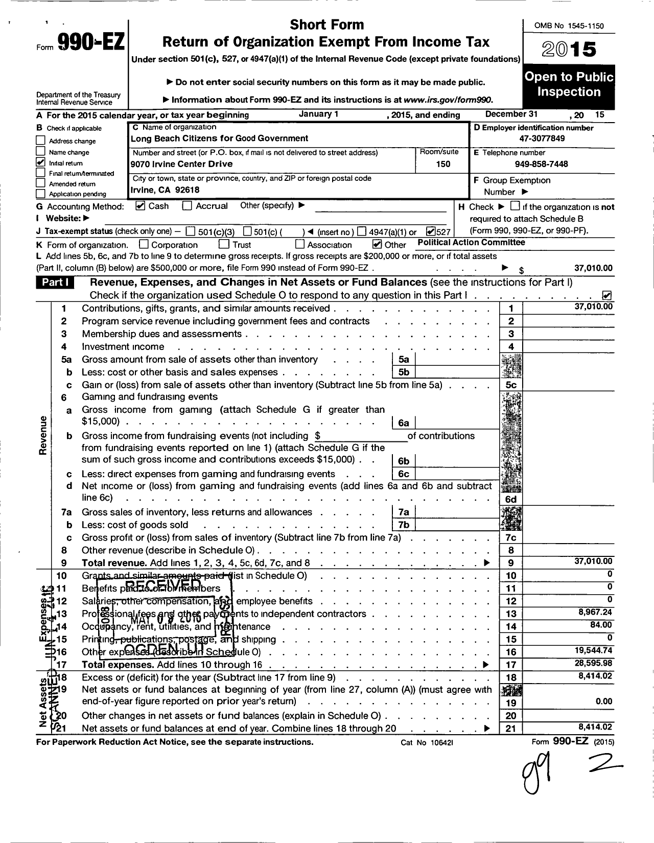 Image of first page of 2015 Form 990EO for Neighbors for a Better Long Beach