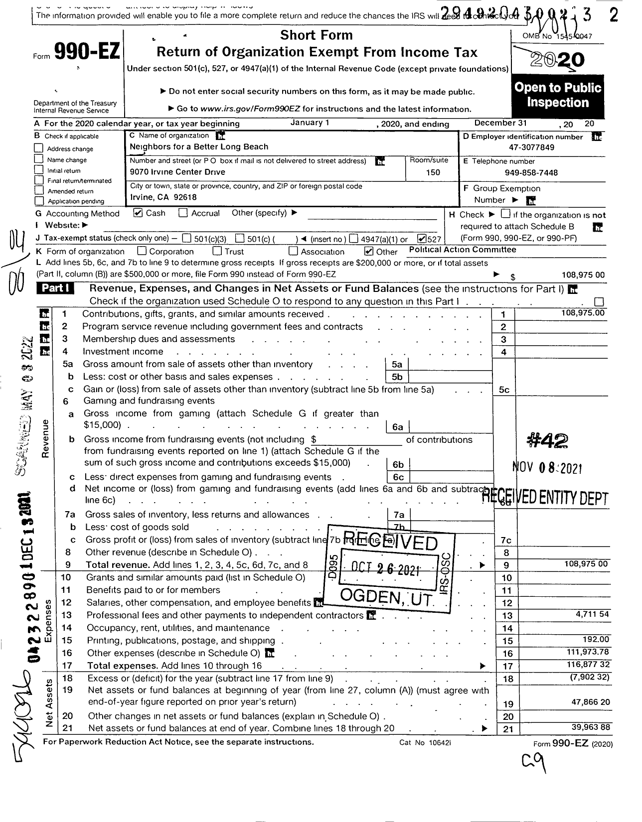 Image of first page of 2020 Form 990EO for Neighbors for a Better Long Beach