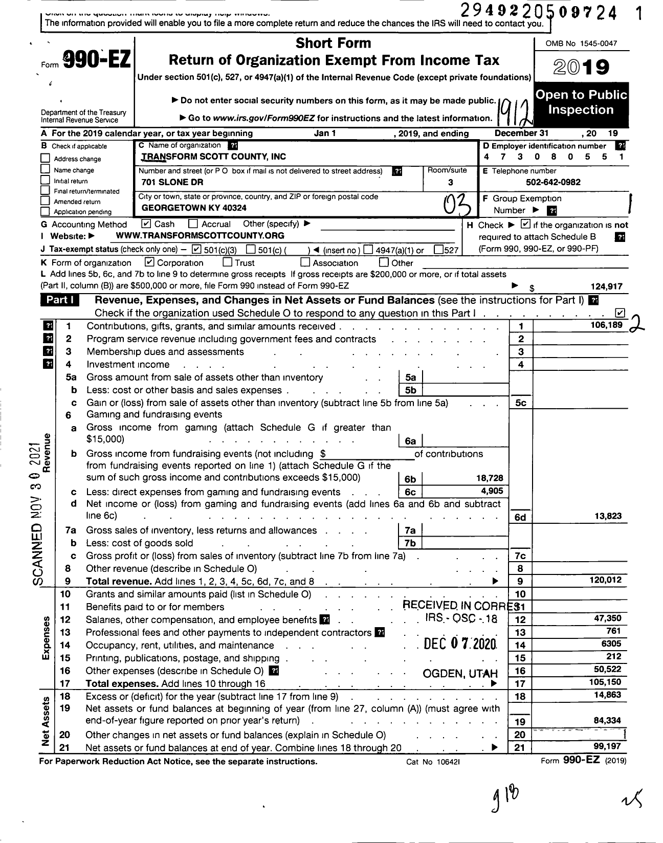 Image of first page of 2019 Form 990EZ for Transform Scott County