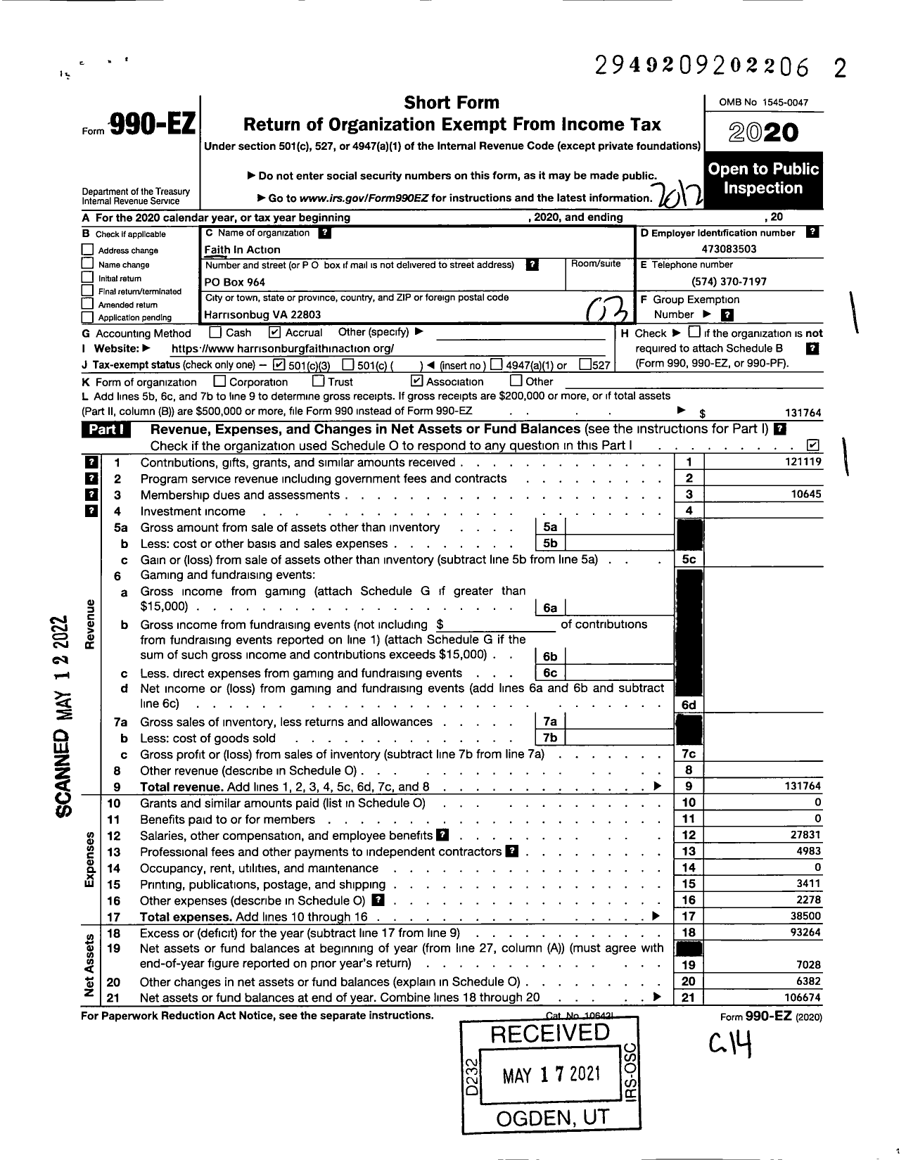 Image of first page of 2020 Form 990EZ for Valley Interfaith Action