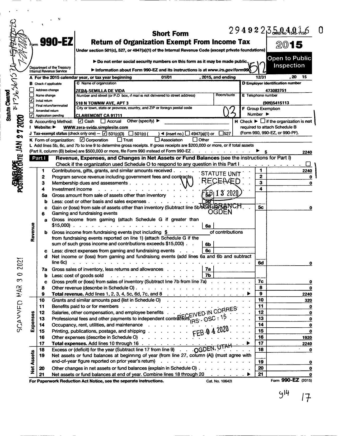 Image of first page of 2015 Form 990EZ for Zera Semilla de Vida Ycompasion- Zera Seed of Life Andcompassion