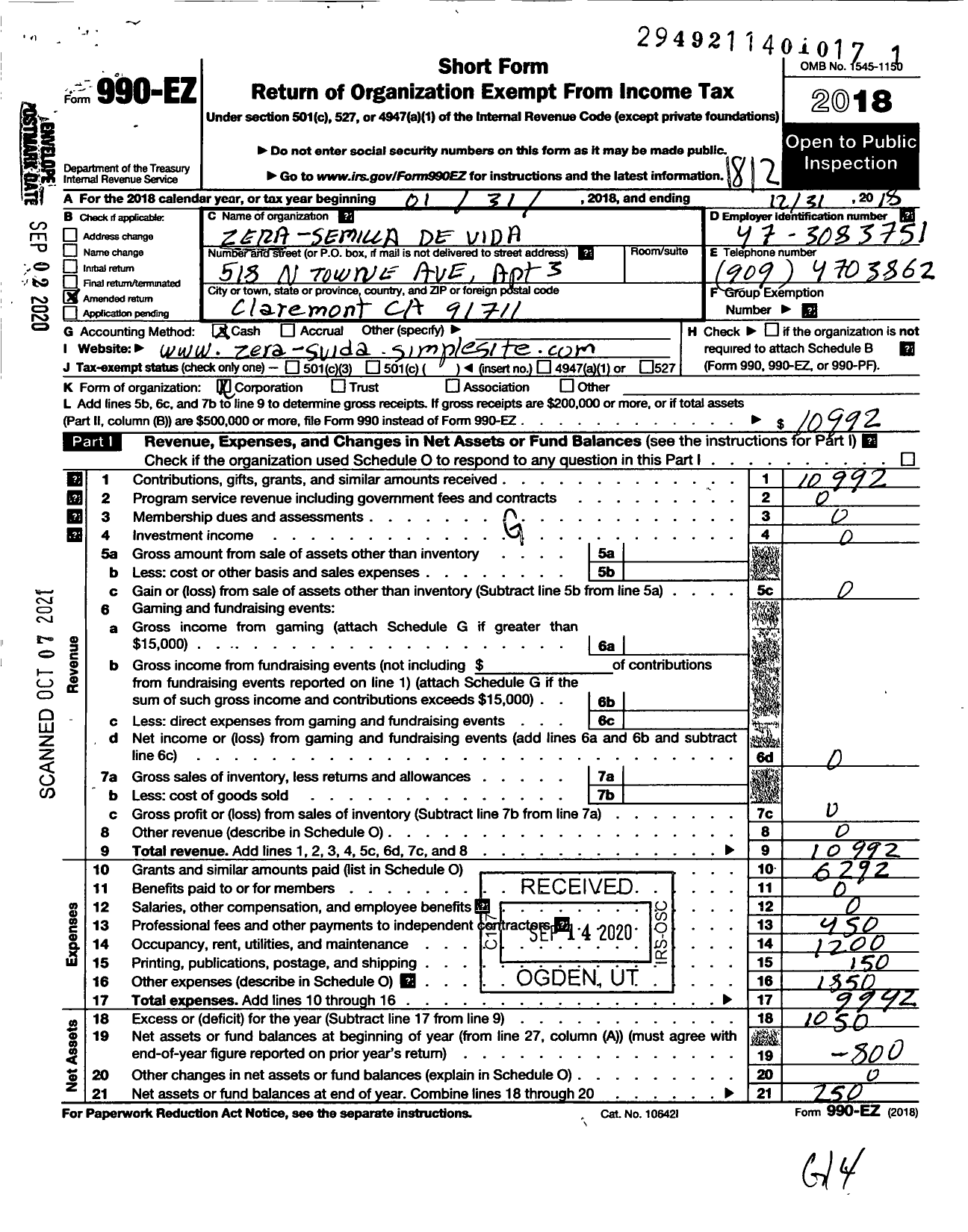 Image of first page of 2018 Form 990EO for Zera Semilla de Vida Ycompasion- Zera Seed of Life Andcompassion