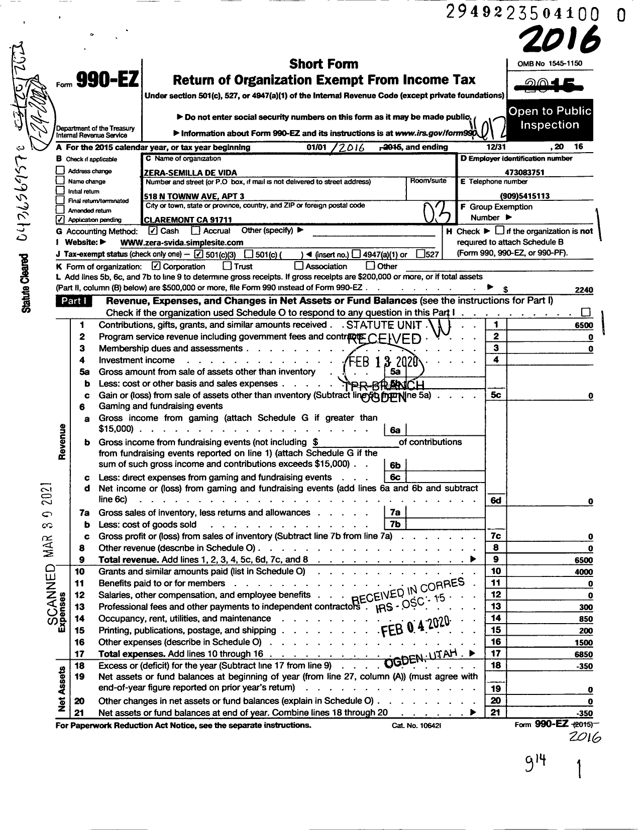 Image of first page of 2016 Form 990EZ for Zera Semilla de Vida Ycompasion- Zera Seed of Life Andcompassion