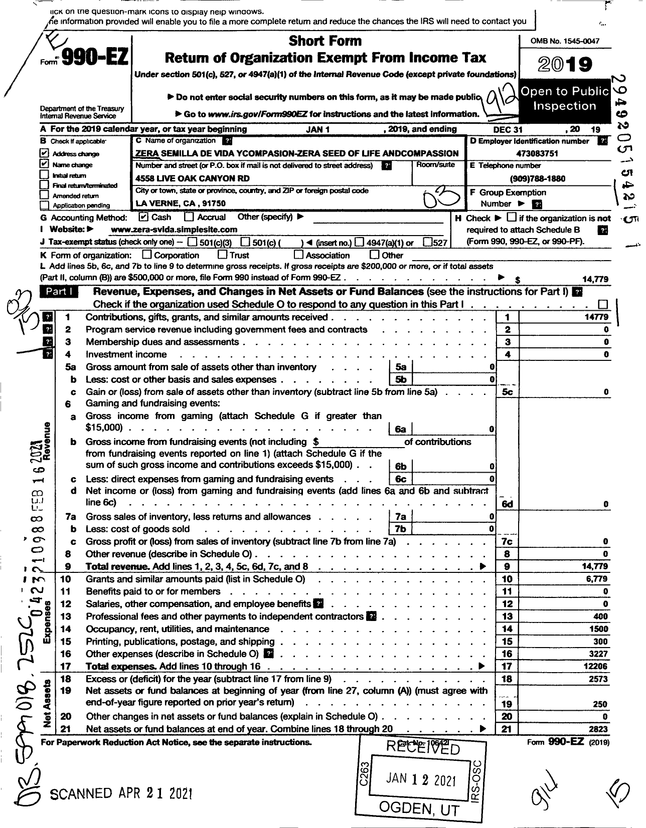 Image of first page of 2019 Form 990EZ for Zera Semilla de Vida Ycompasion- Zera Seed of Life Andcompassion