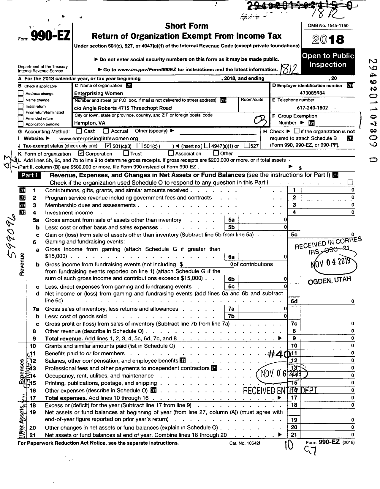 Image of first page of 2018 Form 990EZ for Enterprising Women