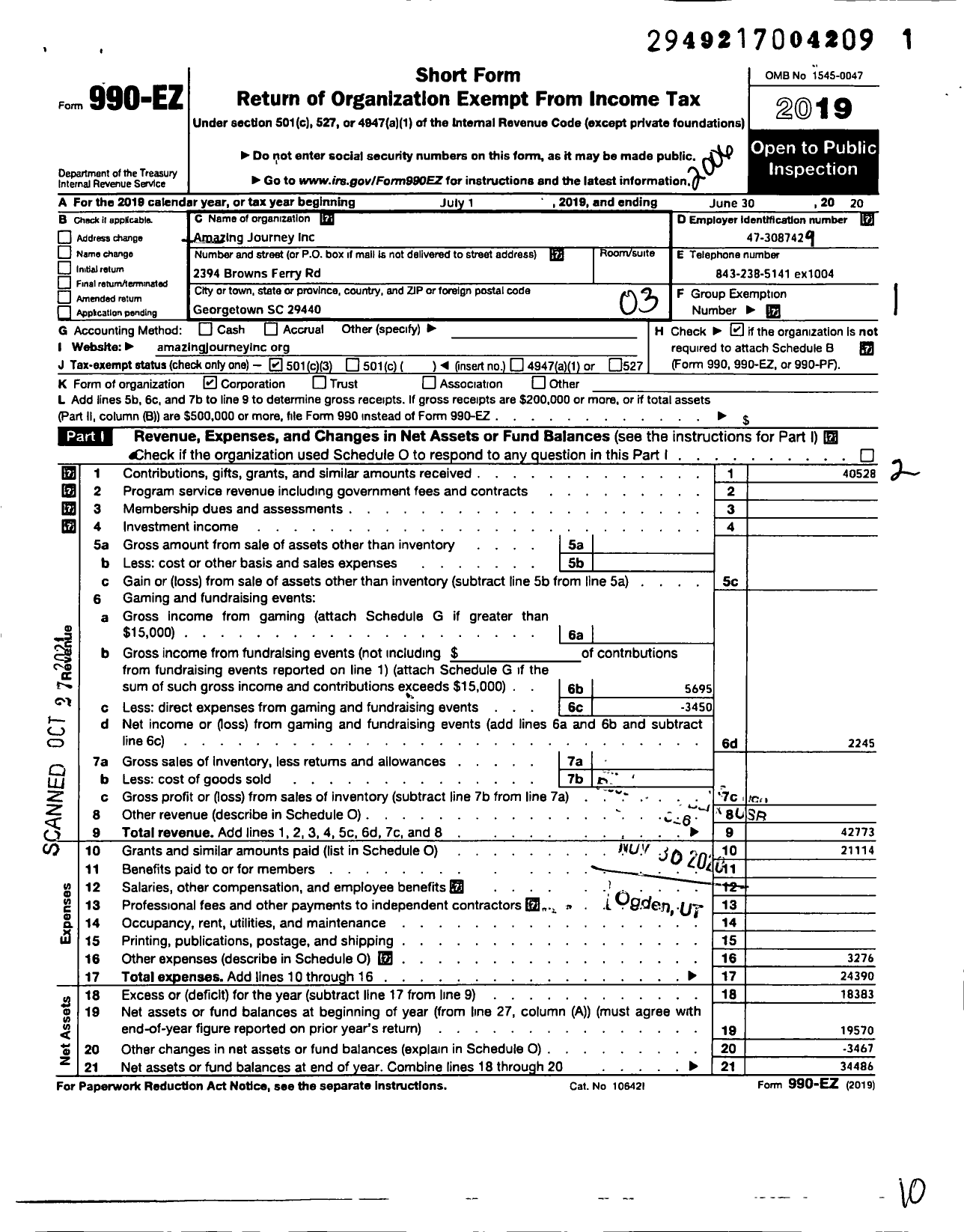 Image of first page of 2019 Form 990EZ for Amazing Journey