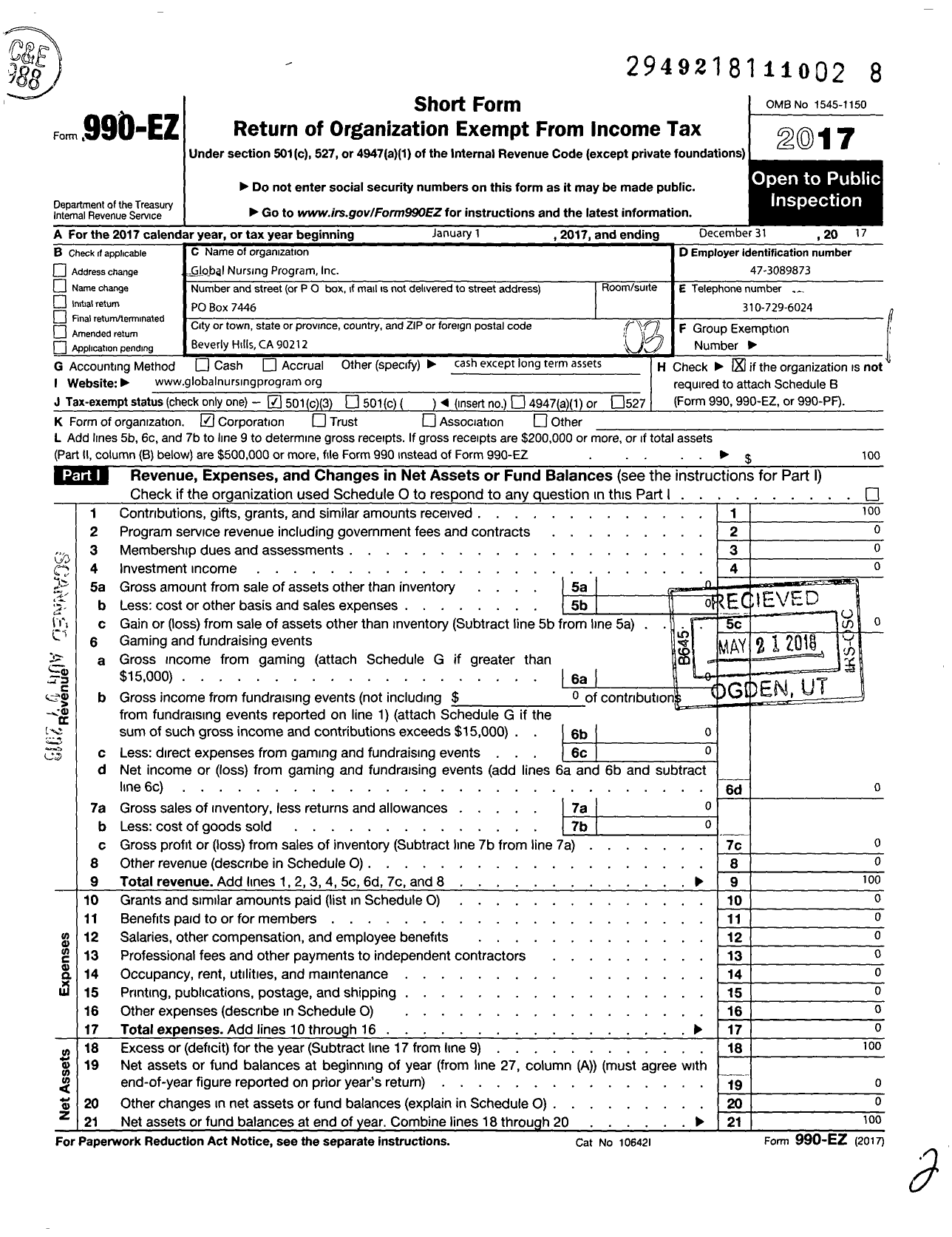 Image of first page of 2017 Form 990EZ for Global Nursing Program