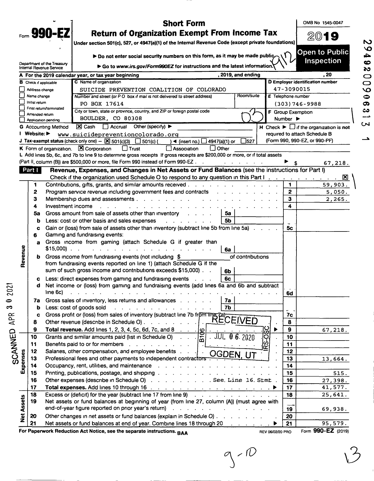 Image of first page of 2019 Form 990EZ for Suicide Prevention Coalition of Colorado