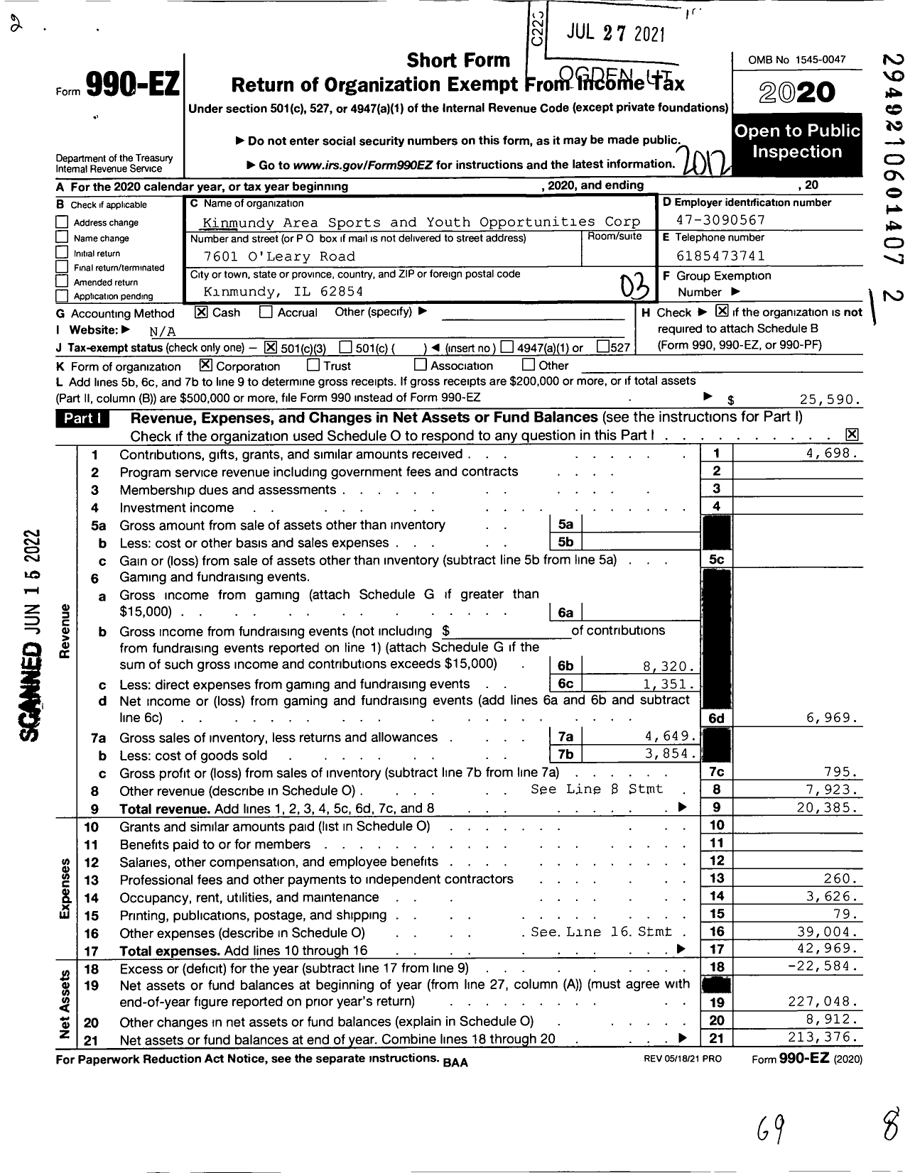 Image of first page of 2020 Form 990EZ for Kinmundy Area Sports and Youth Opportunities Corp