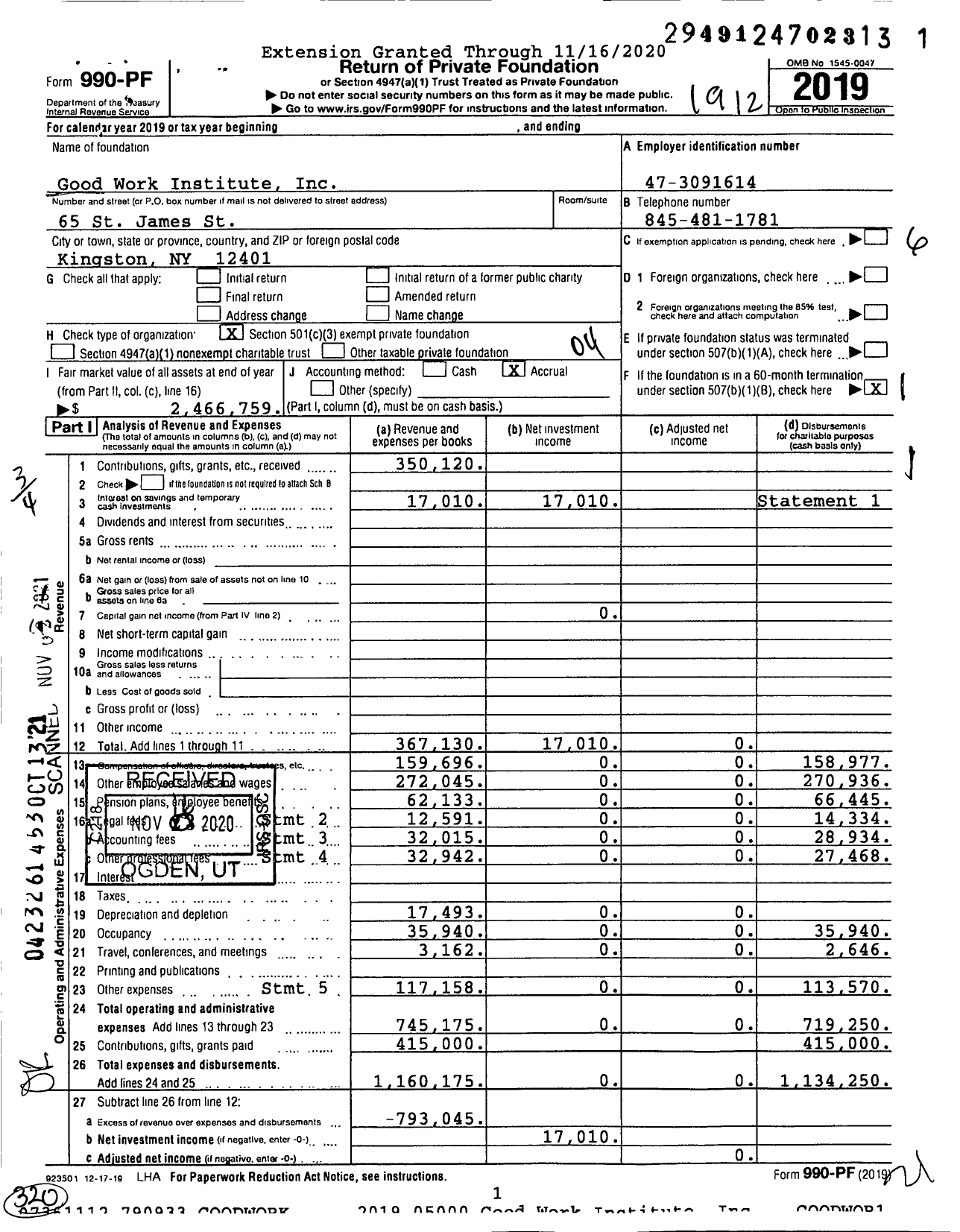 Image of first page of 2019 Form 990PF for Good Work Institute