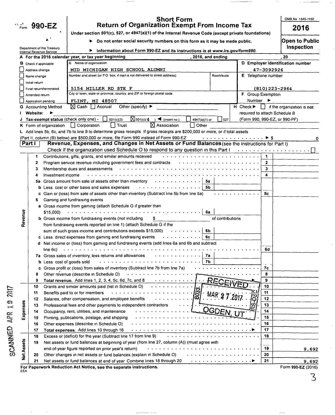 Image of first page of 2016 Form 990EO for Mid Michigan High School Alumni