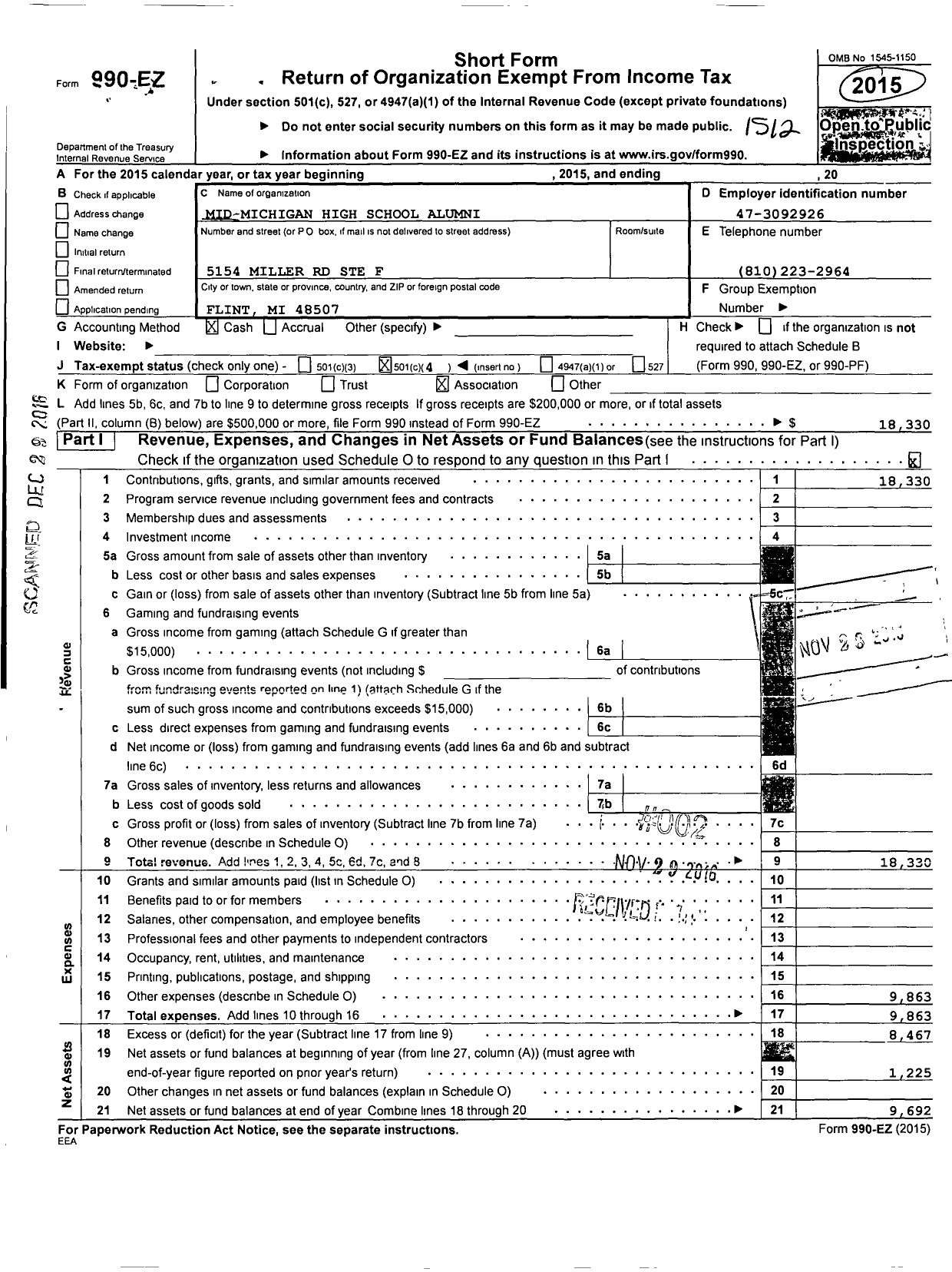 Image of first page of 2015 Form 990EO for Mid Michigan High School Alumni