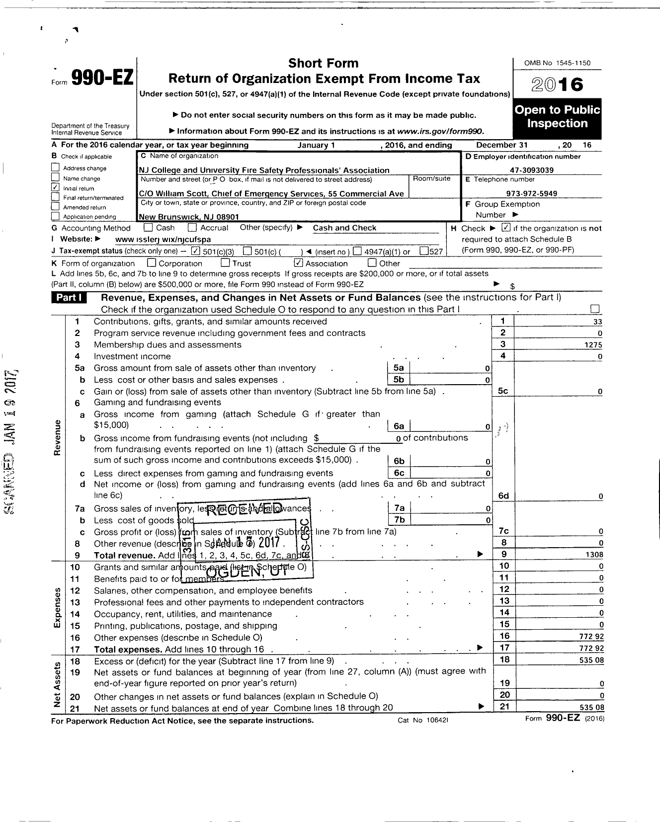 Image of first page of 2016 Form 990EZ for NJ College and University Fire Safety Professionals Association