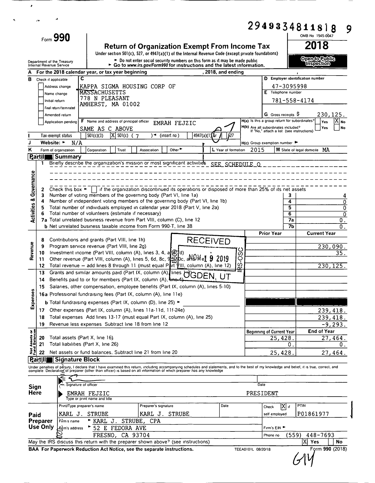 Image of first page of 2018 Form 990O for Kappa Sigma Housing Corp of Massachusetts