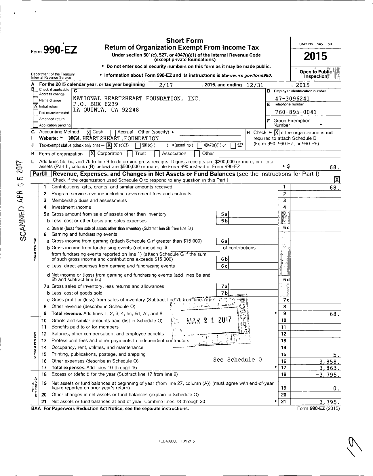 Image of first page of 2015 Form 990EZ for National Heart2heart Foundation