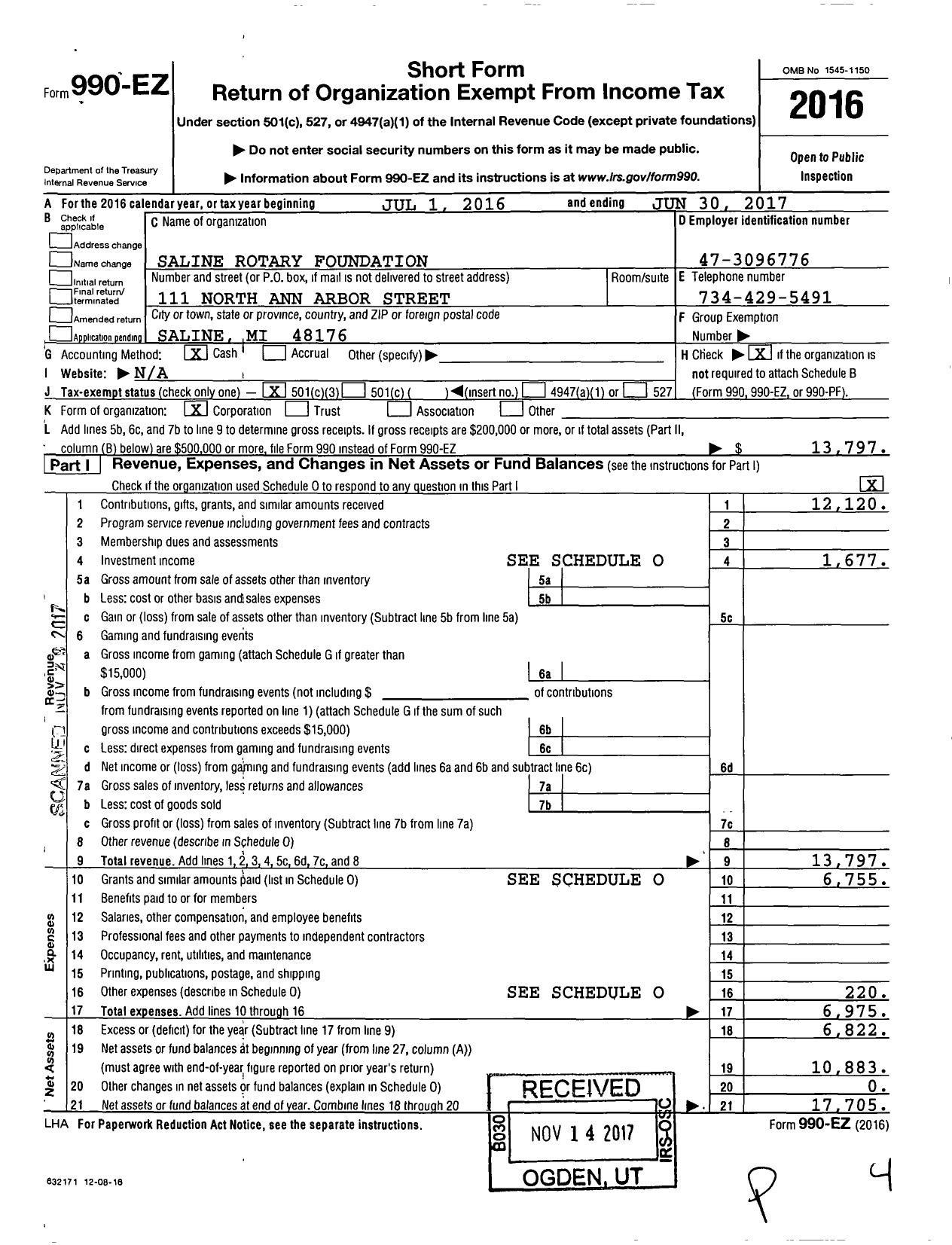 Image of first page of 2016 Form 990EZ for Saline Rotary Foundation